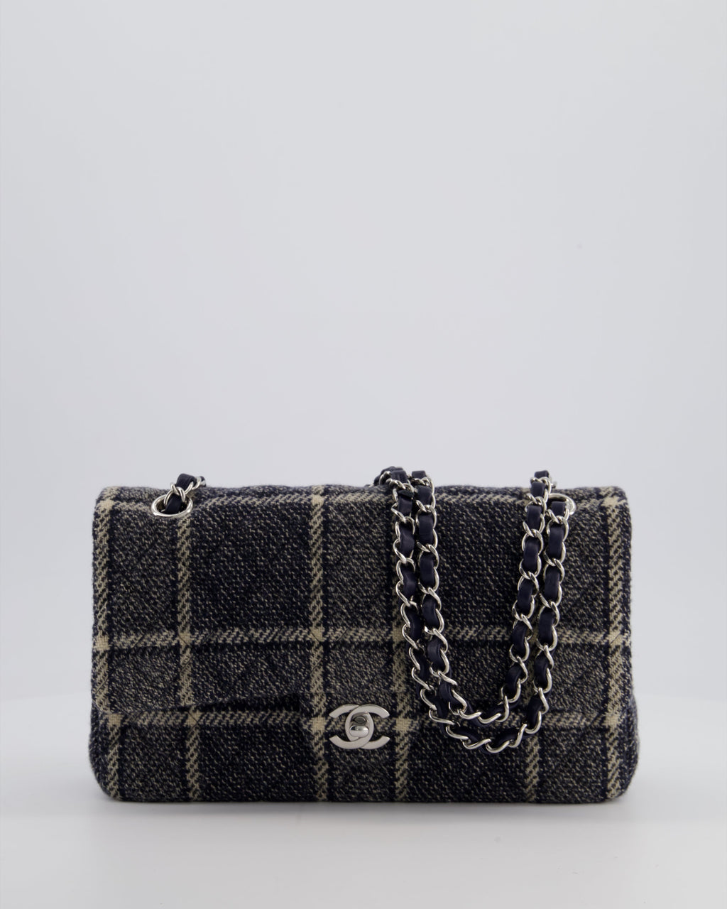 Chanel Medium Classic Double Flap Bag in Navy and Cream Tweed Check Fabric with Silver Hardware