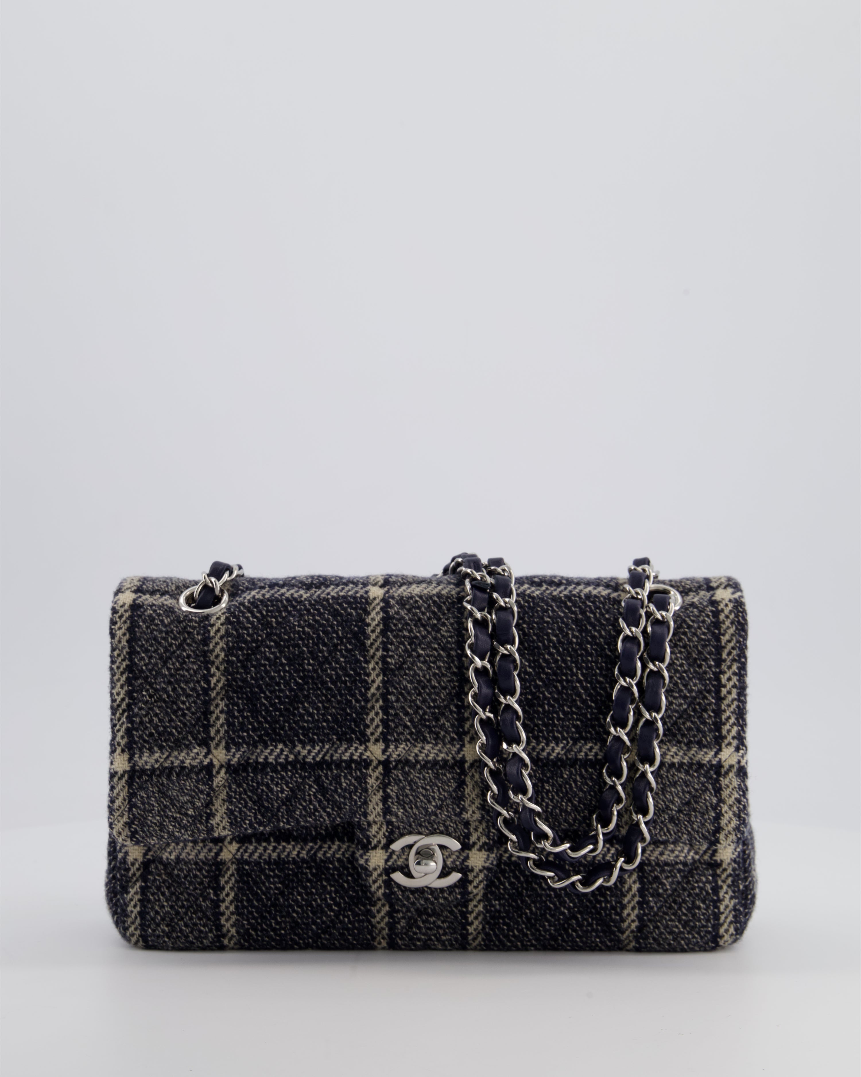 Chanel Medium Classic Double Flap Bag in Navy and Cream Tweed Check Fabric with Silver Hardware