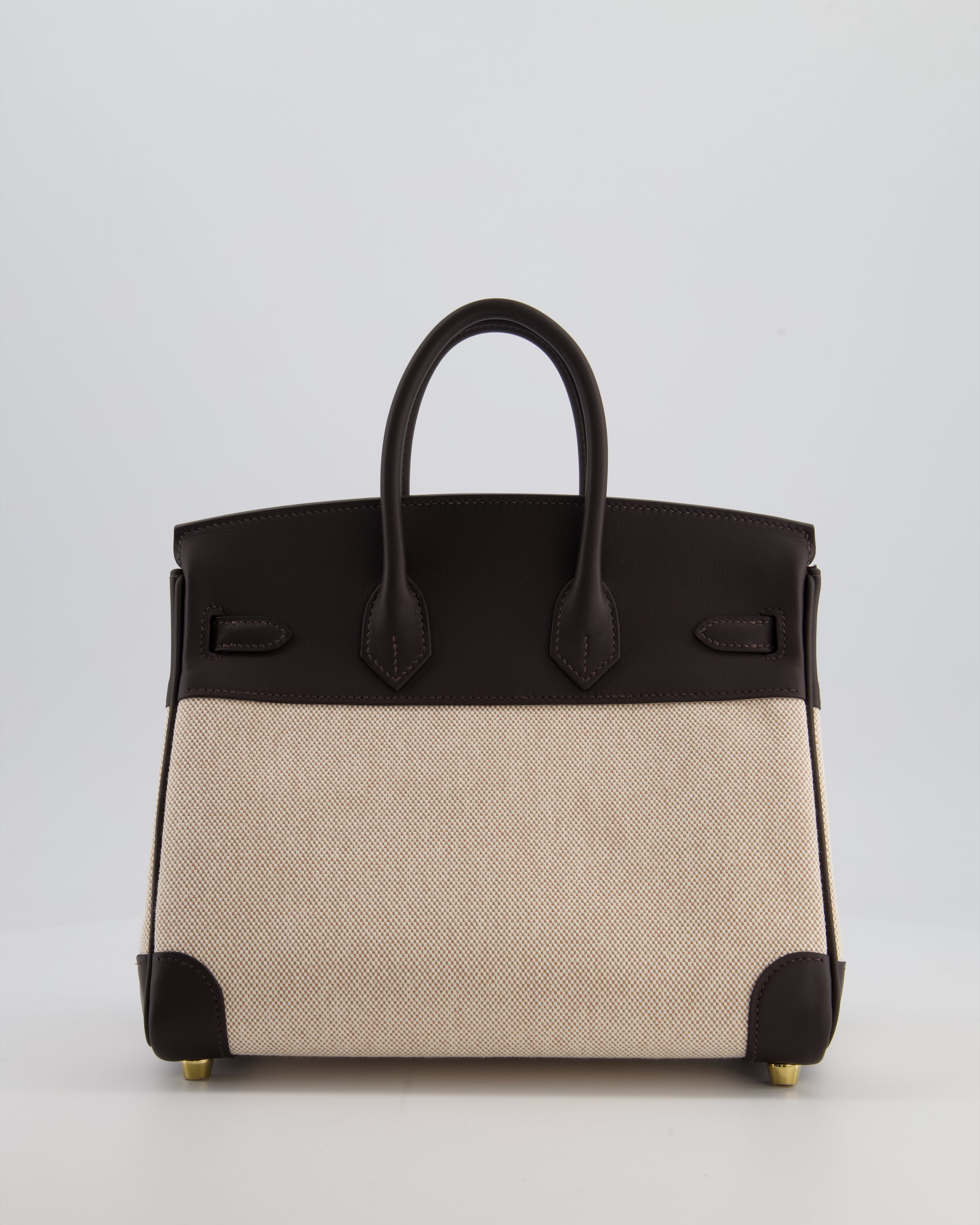 *RARE* Hermès Birkin 25 Retourne Bag in Ecru/Beige Toile H Canvas and Bai Brun Swift Leather with Gold Hardware