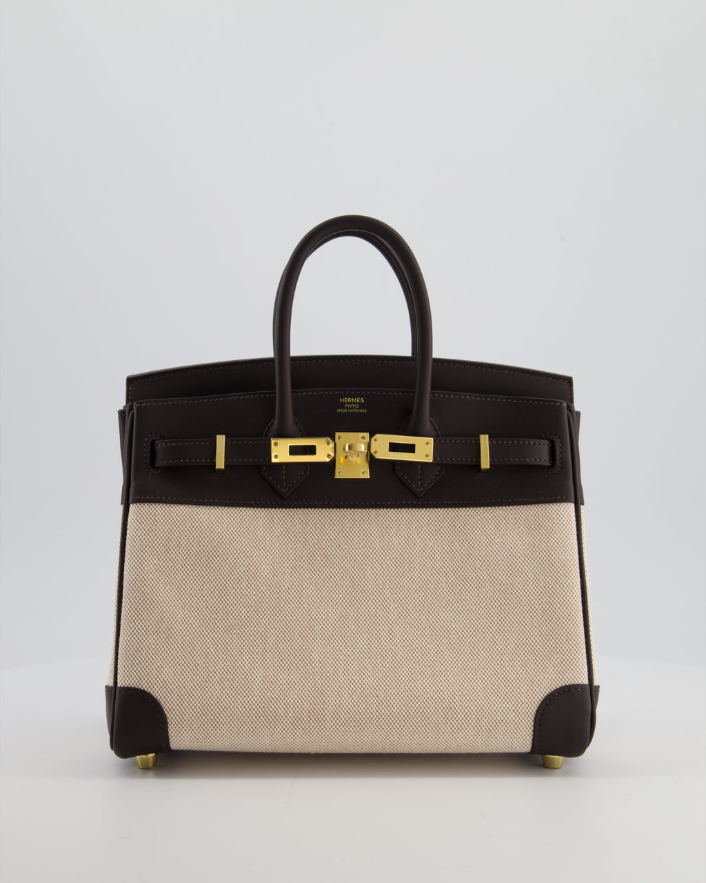 *RARE* Hermès Birkin 25 Retourne Bag in Ecru/Beige Toile H Canvas and Bai Brun Swift Leather with Gold Hardware