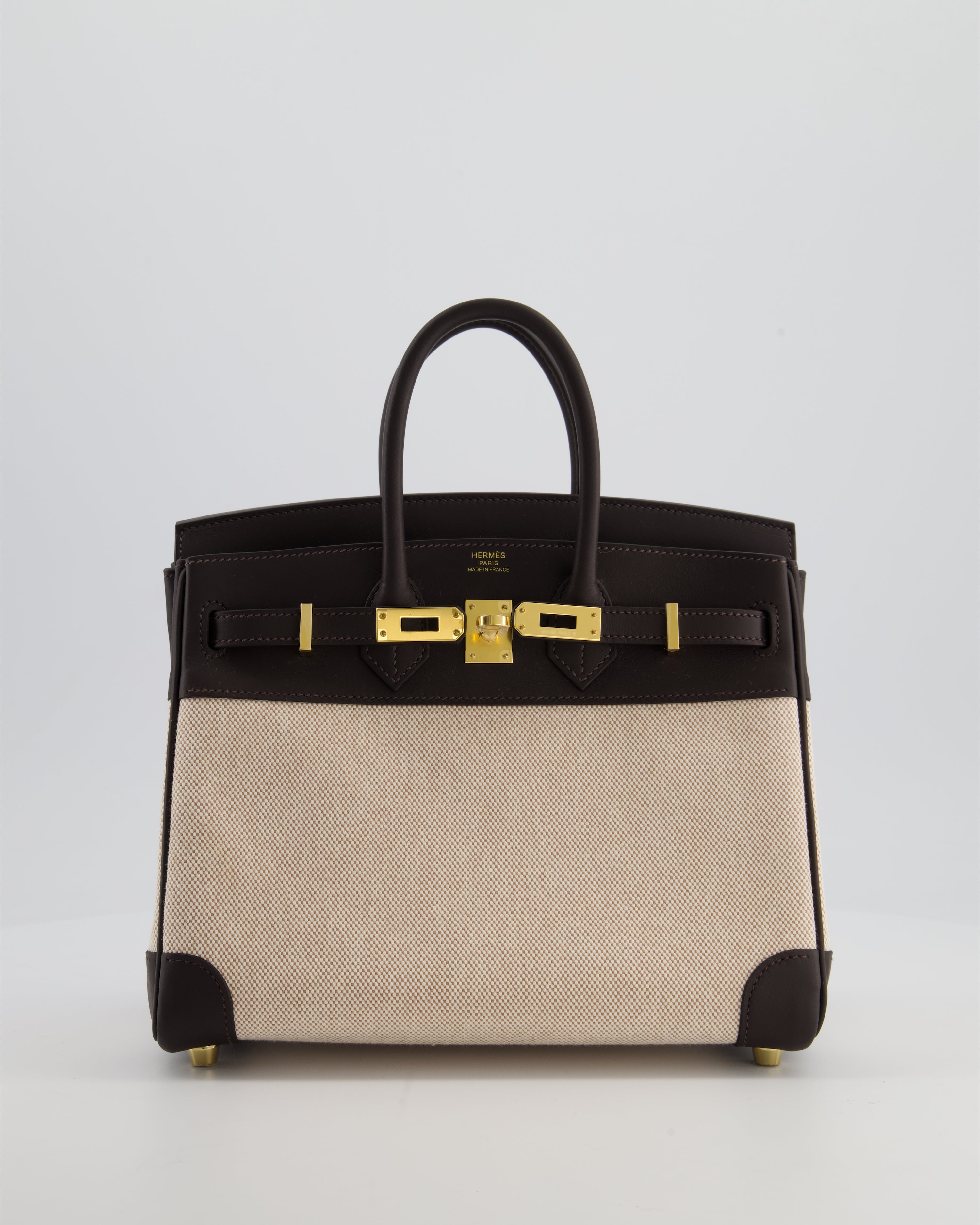 *RARE* Hermès Birkin 25 Retourne Bag in Ecru/Beige Toile H Canvas and Bai Brun Swift Leather with Gold Hardware
