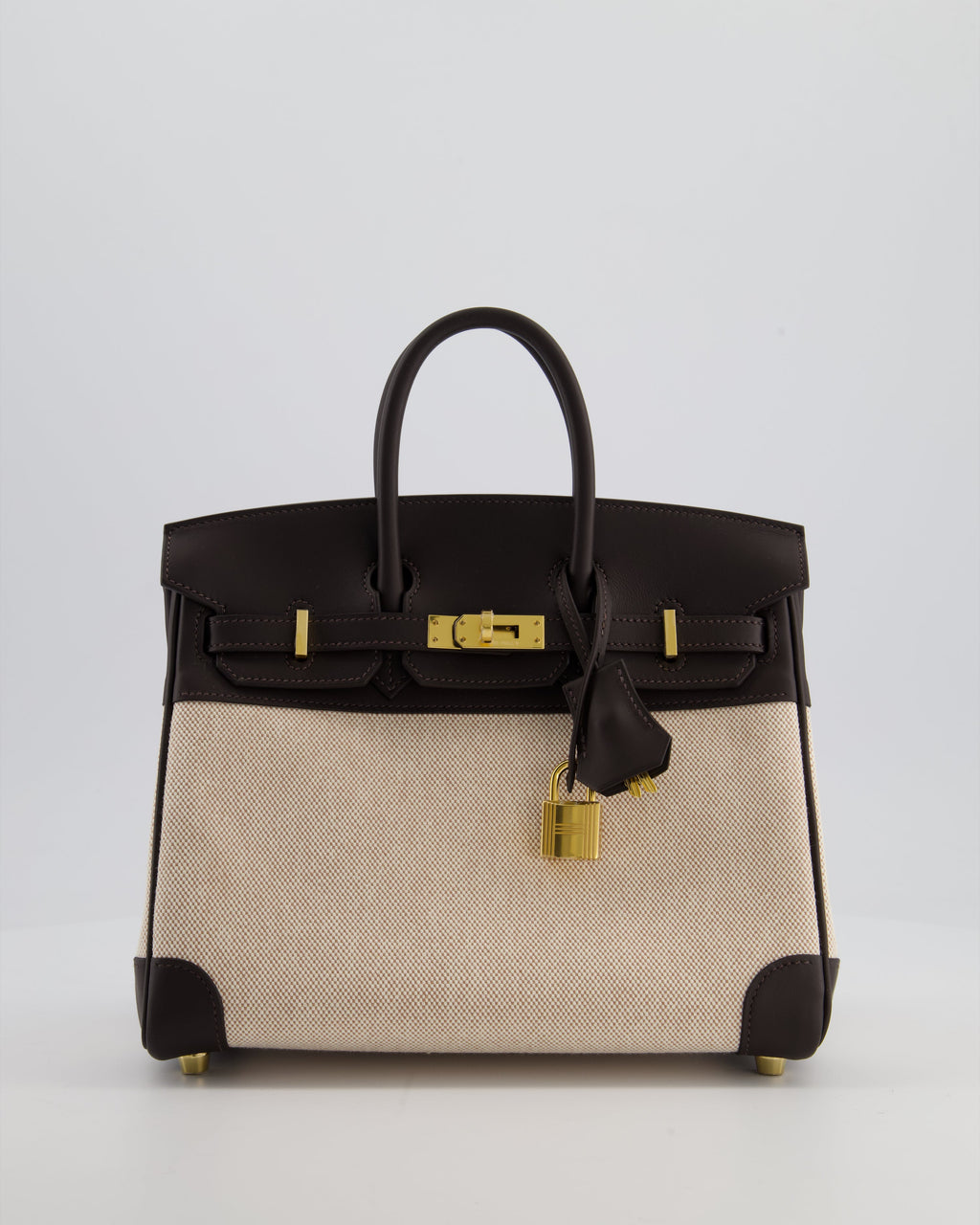 *RARE* Hermès Birkin 25 Retourne Bag in Ecru/Beige Toile H Canvas and Bai Brun Swift Leather with Gold Hardware