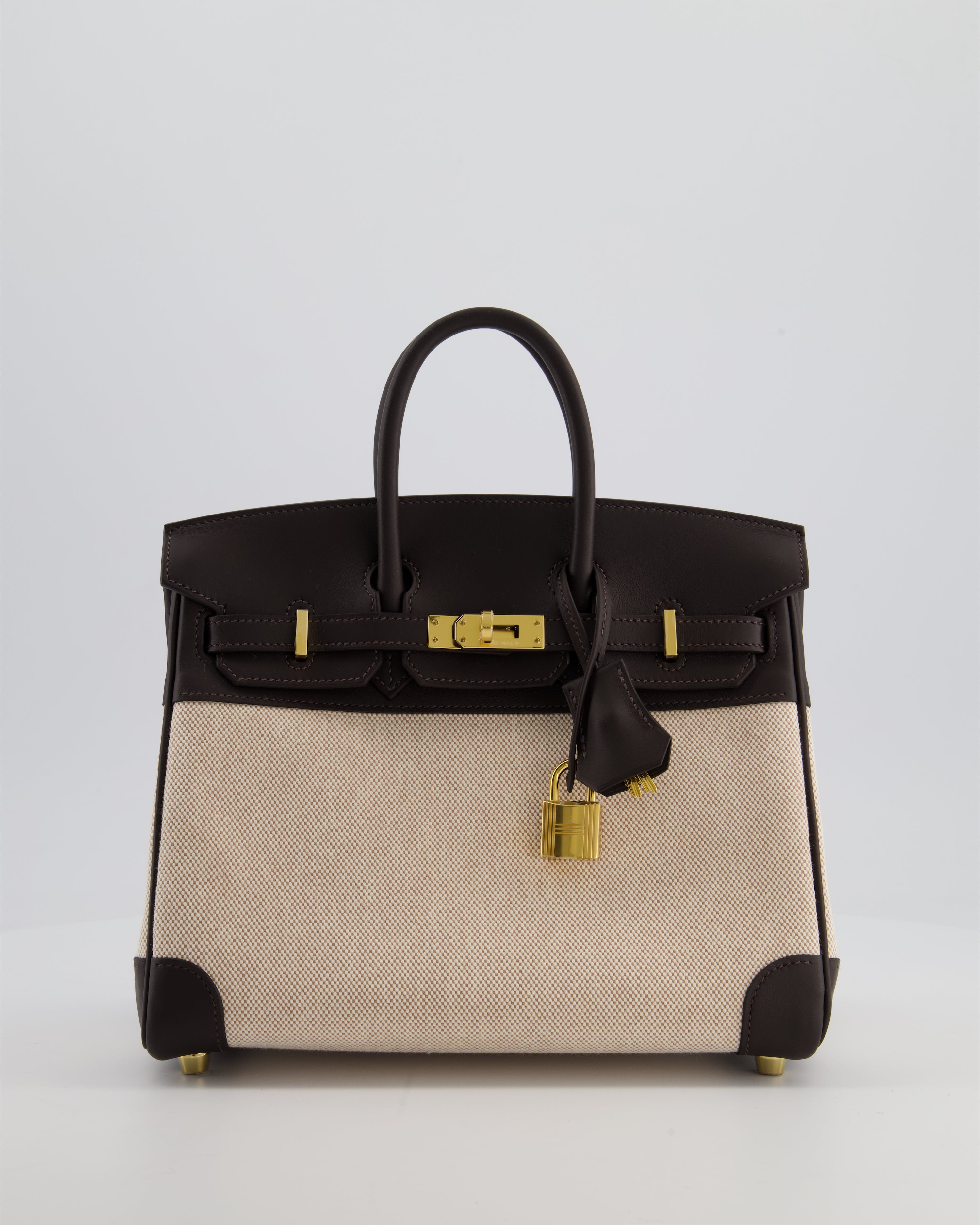 *RARE* Hermès Birkin 25 Retourne Bag in Ecru/Beige Toile H Canvas and Bai Brun Swift Leather with Gold Hardware