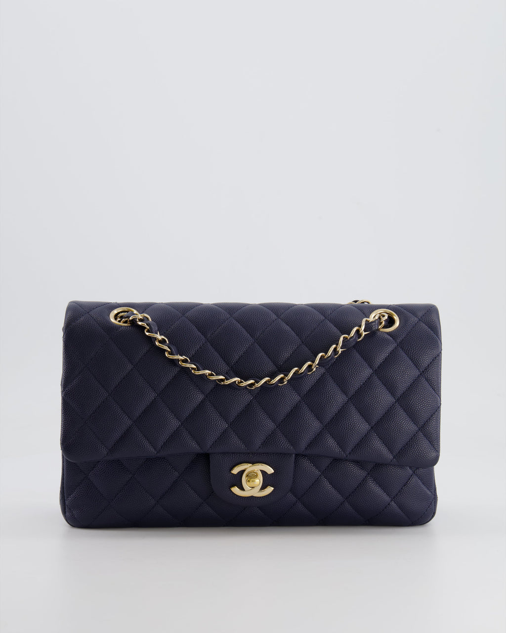*RARE COLOUR* Chanel Classic Medium Double Flap Bag in Navy Blue Caviar Leather with Champagne Gold Hardware