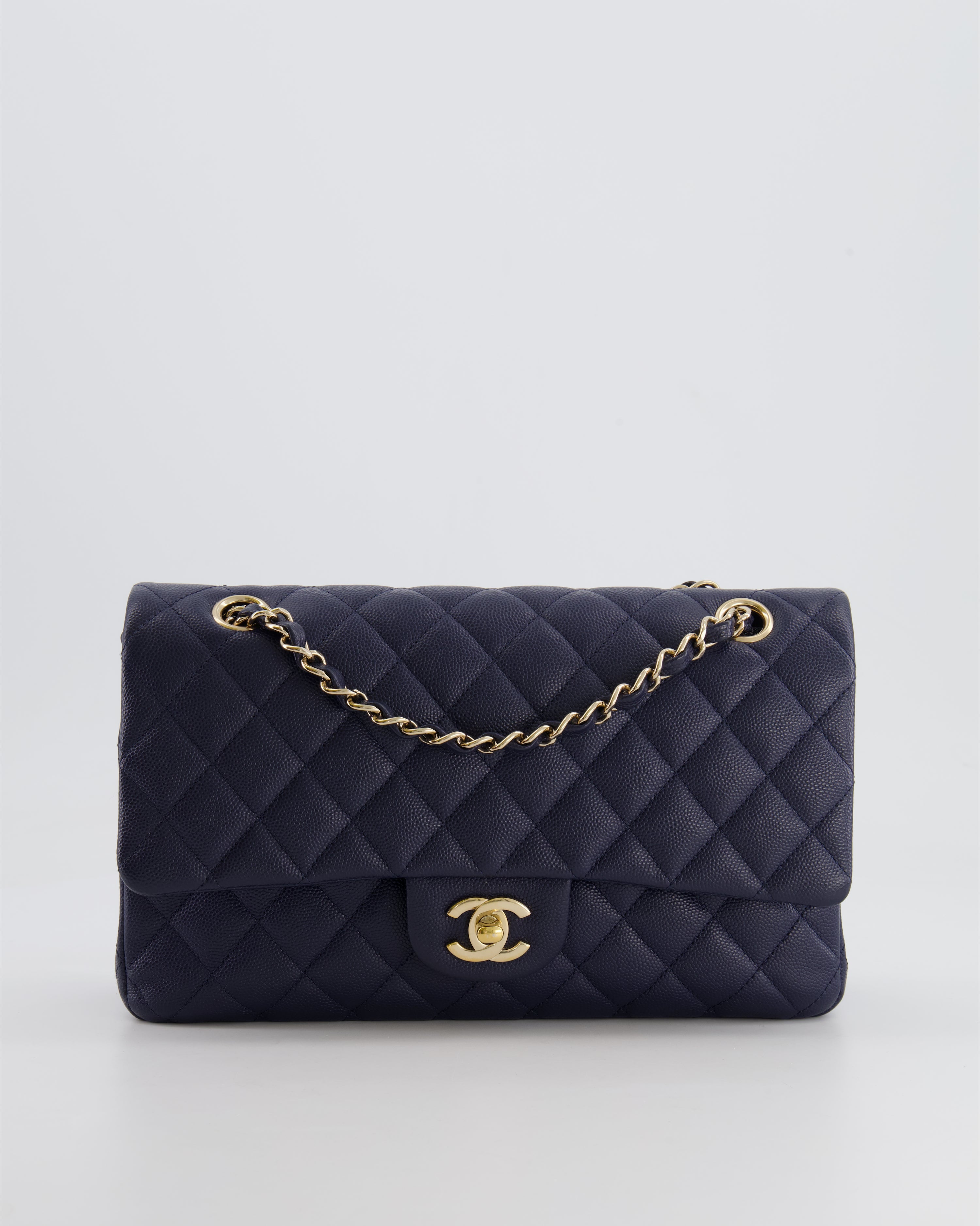 *RARE COLOUR* Chanel Classic Medium Double Flap Bag in Navy Blue Caviar Leather with Champagne Gold Hardware