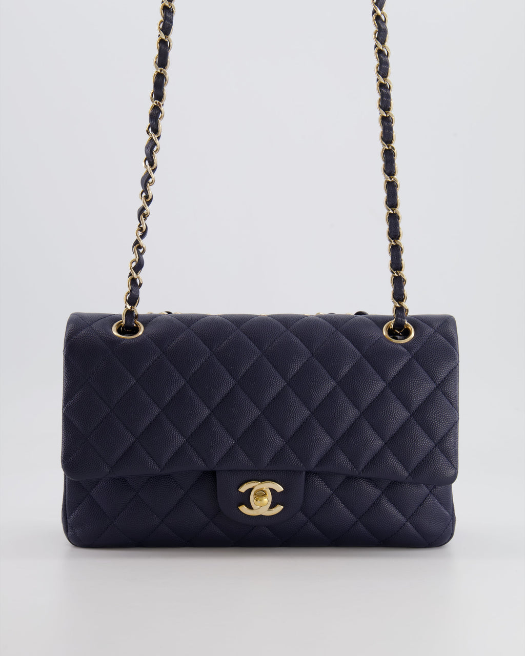 *RARE COLOUR* Chanel Classic Medium Double Flap Bag in Navy Blue Caviar Leather with Champagne Gold Hardware