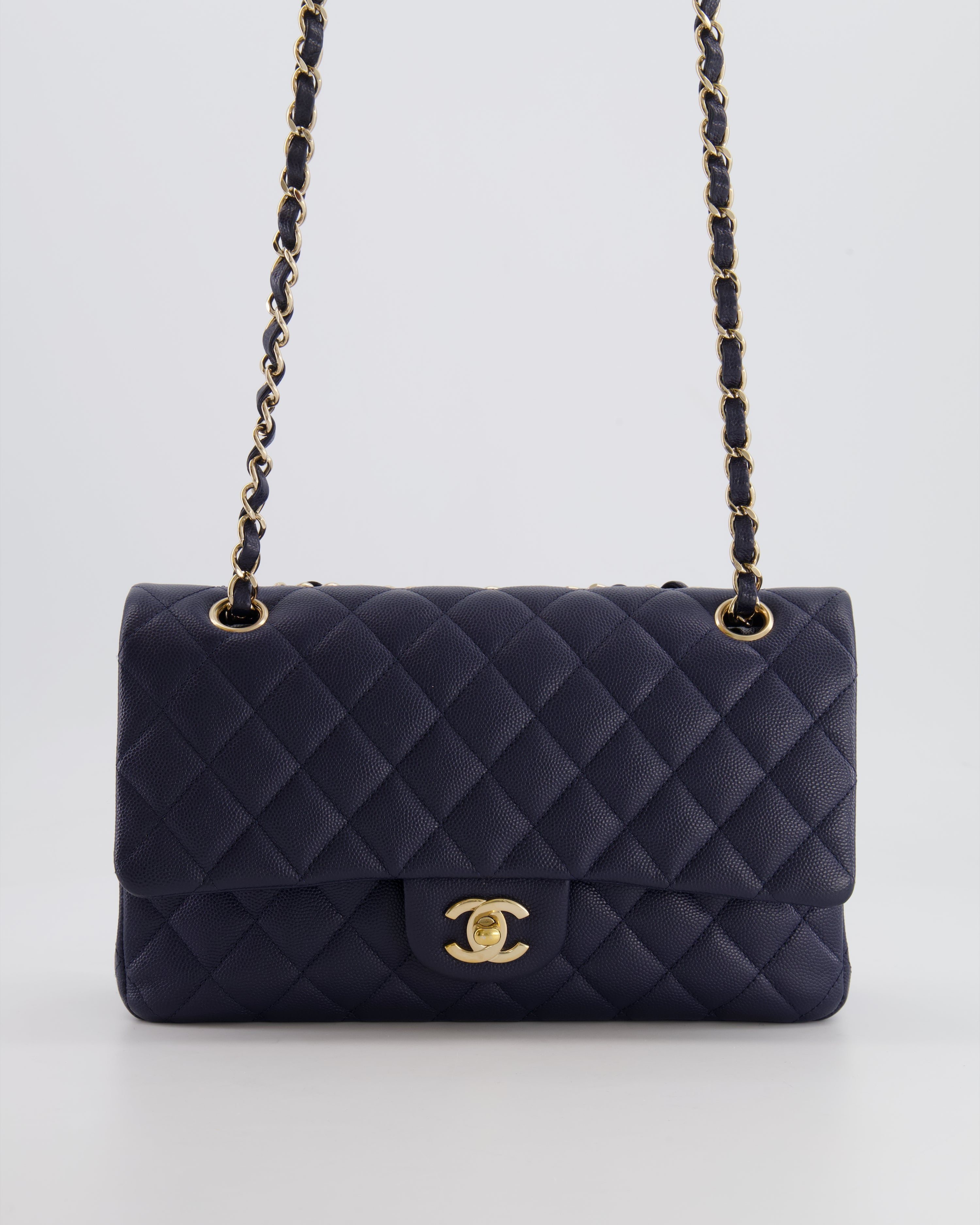 *RARE COLOUR* Chanel Classic Medium Double Flap Bag in Navy Blue Caviar Leather with Champagne Gold Hardware