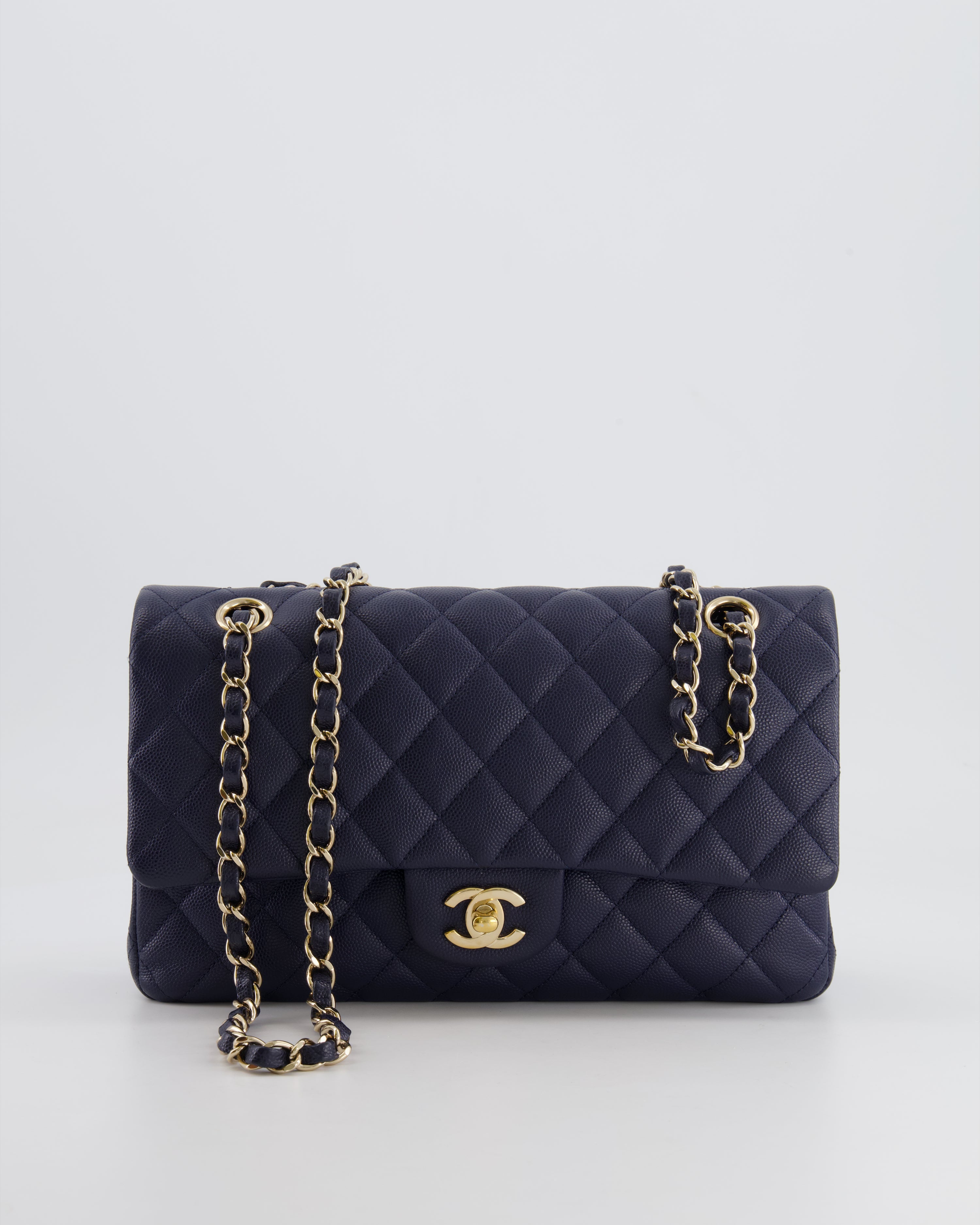 *RARE COLOUR* Chanel Classic Medium Double Flap Bag in Navy Blue Caviar Leather with Champagne Gold Hardware