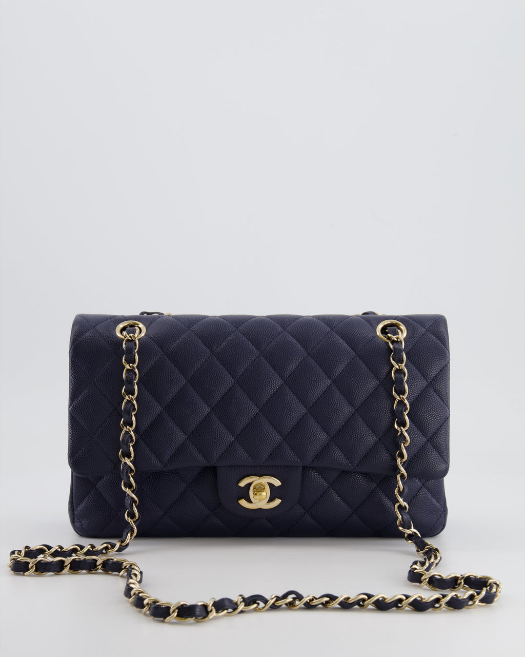 *RARE COLOUR* Chanel Classic Medium Double Flap Bag in Navy Blue Caviar Leather with Champagne Gold Hardware