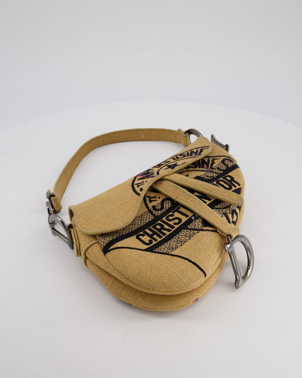 Christian Dior Medium Jute Canvas Embroidered Union Saddle Bag in Raffia Canvas with Ruthenium Hardware