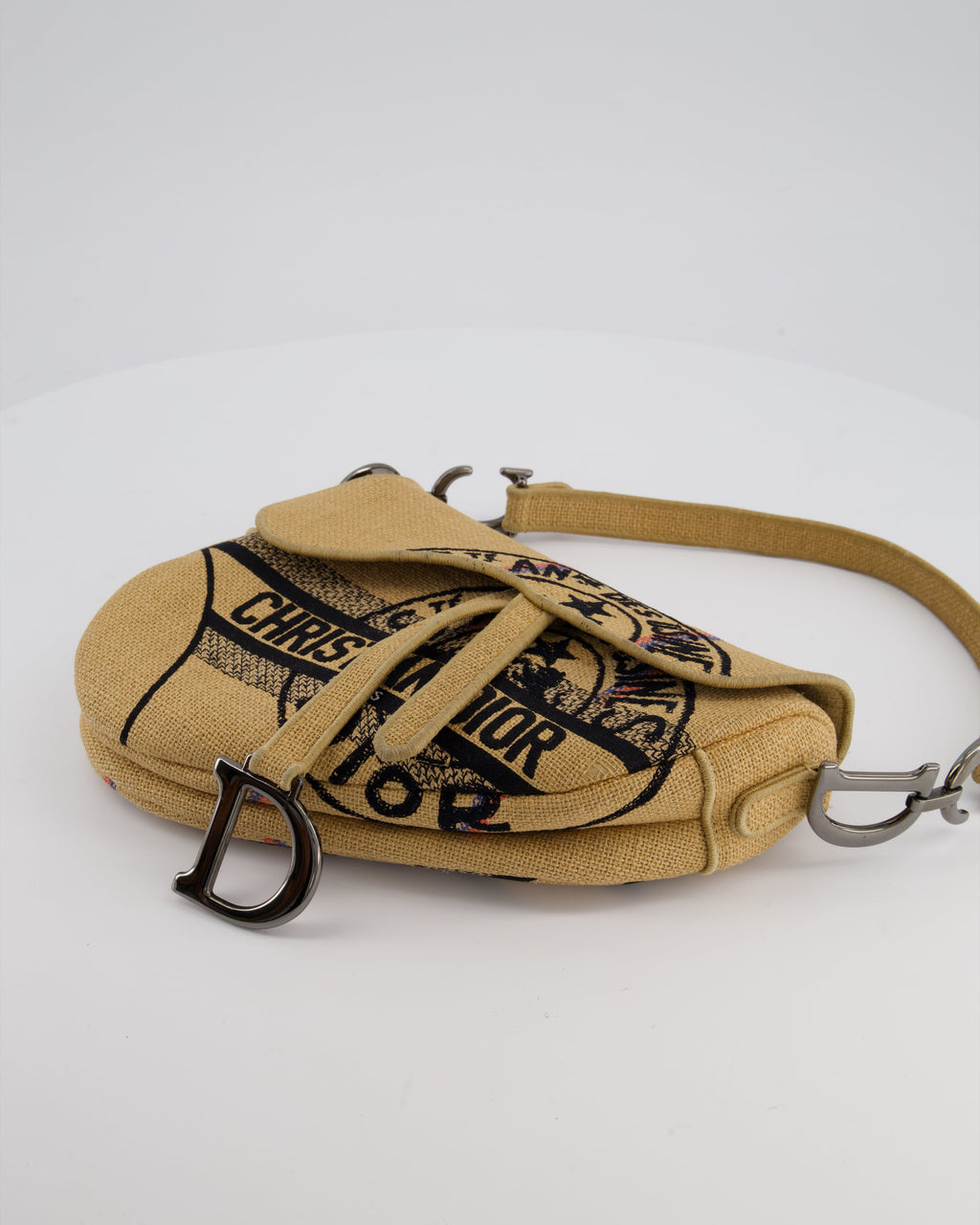 Christian Dior Medium Jute Canvas Embroidered Union Saddle Bag in Raffia Canvas with Ruthenium Hardware