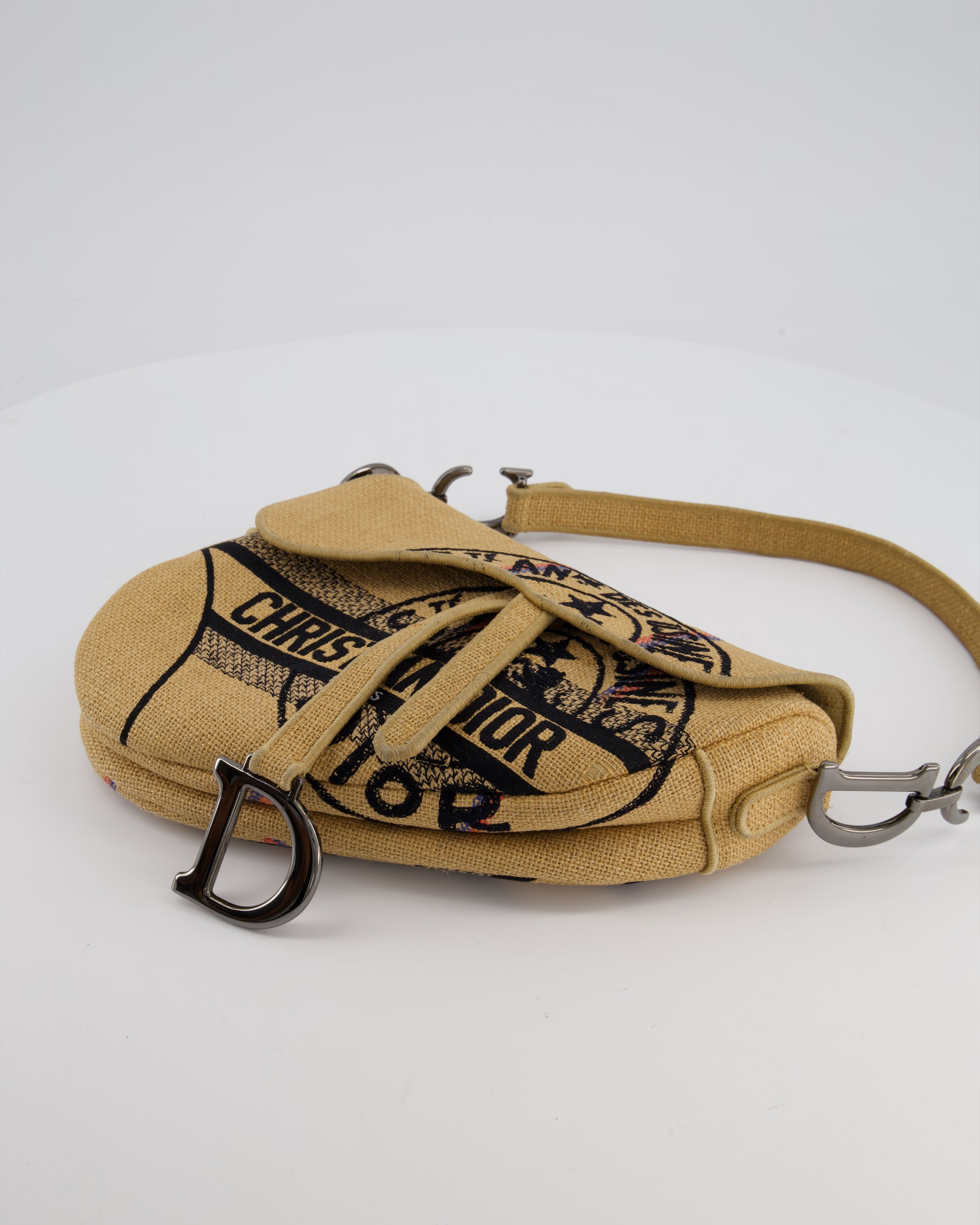 Christian Dior Medium Jute Canvas Embroidered Union Saddle Bag in Raffia Canvas with Ruthenium Hardware