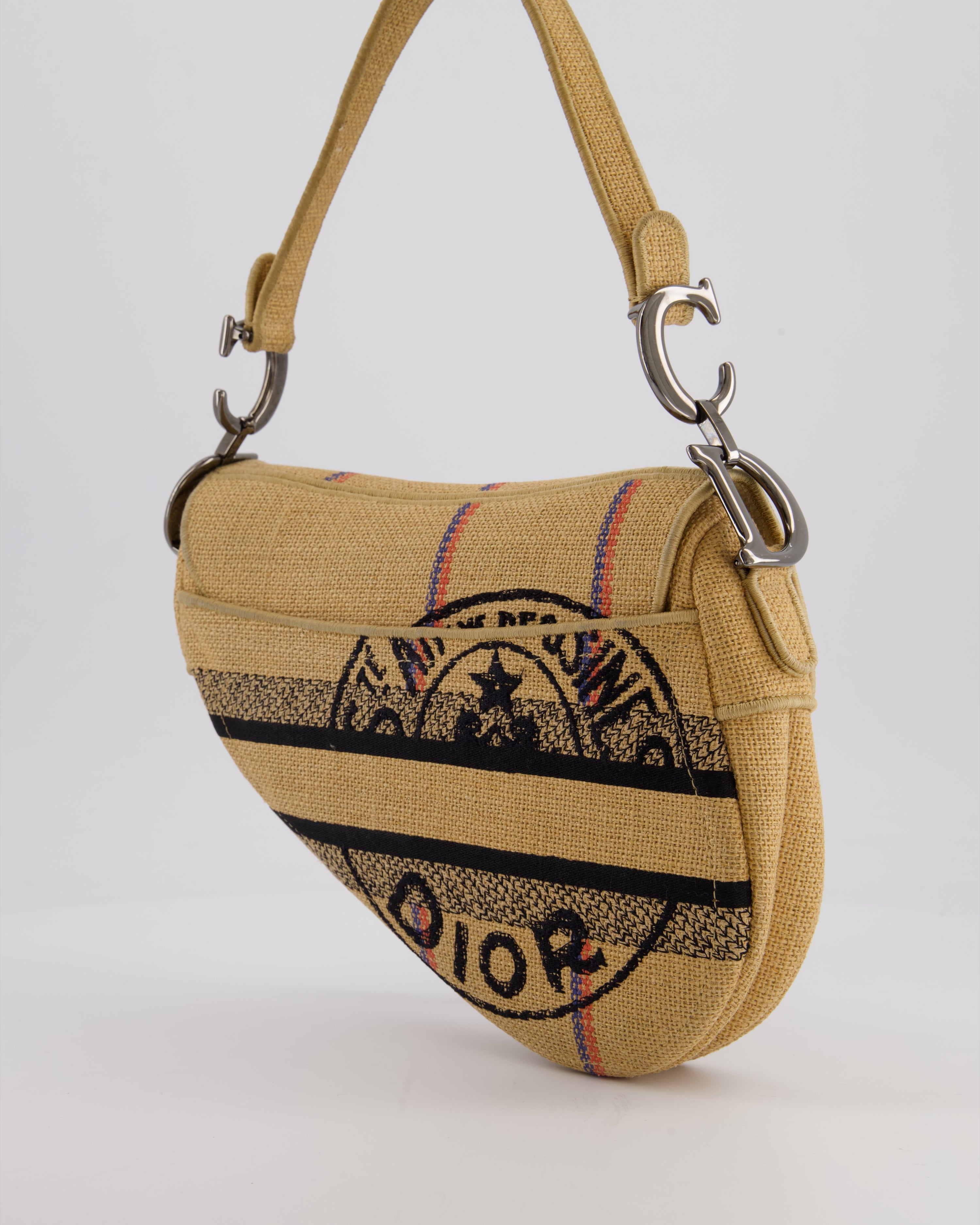 Christian Dior Medium Jute Canvas Embroidered Union Saddle Bag in Raffia Canvas with Ruthenium Hardware