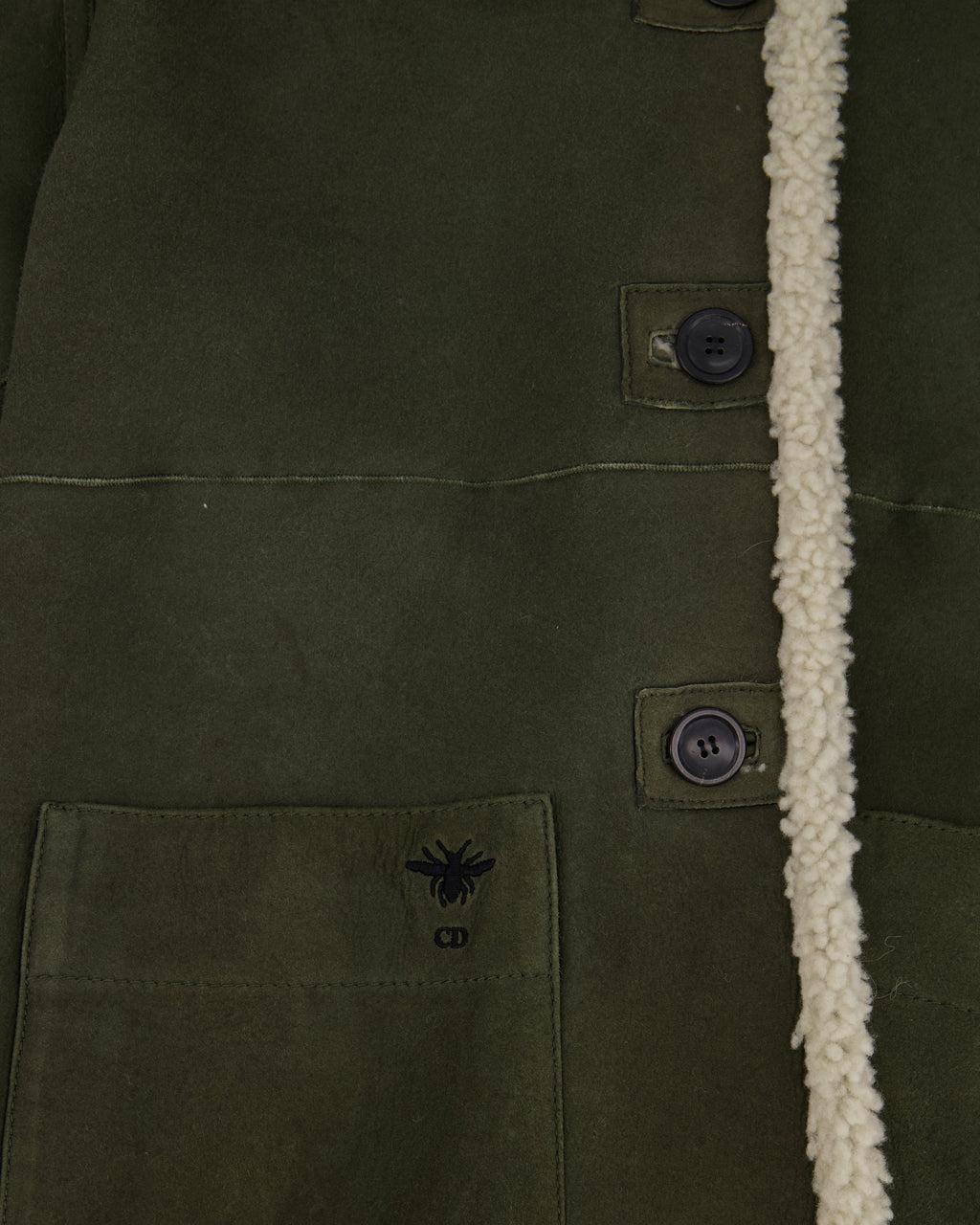 Christian Dior Khaki Shearling Coat with Embroidered Logo Size FR 36 (UK 8)