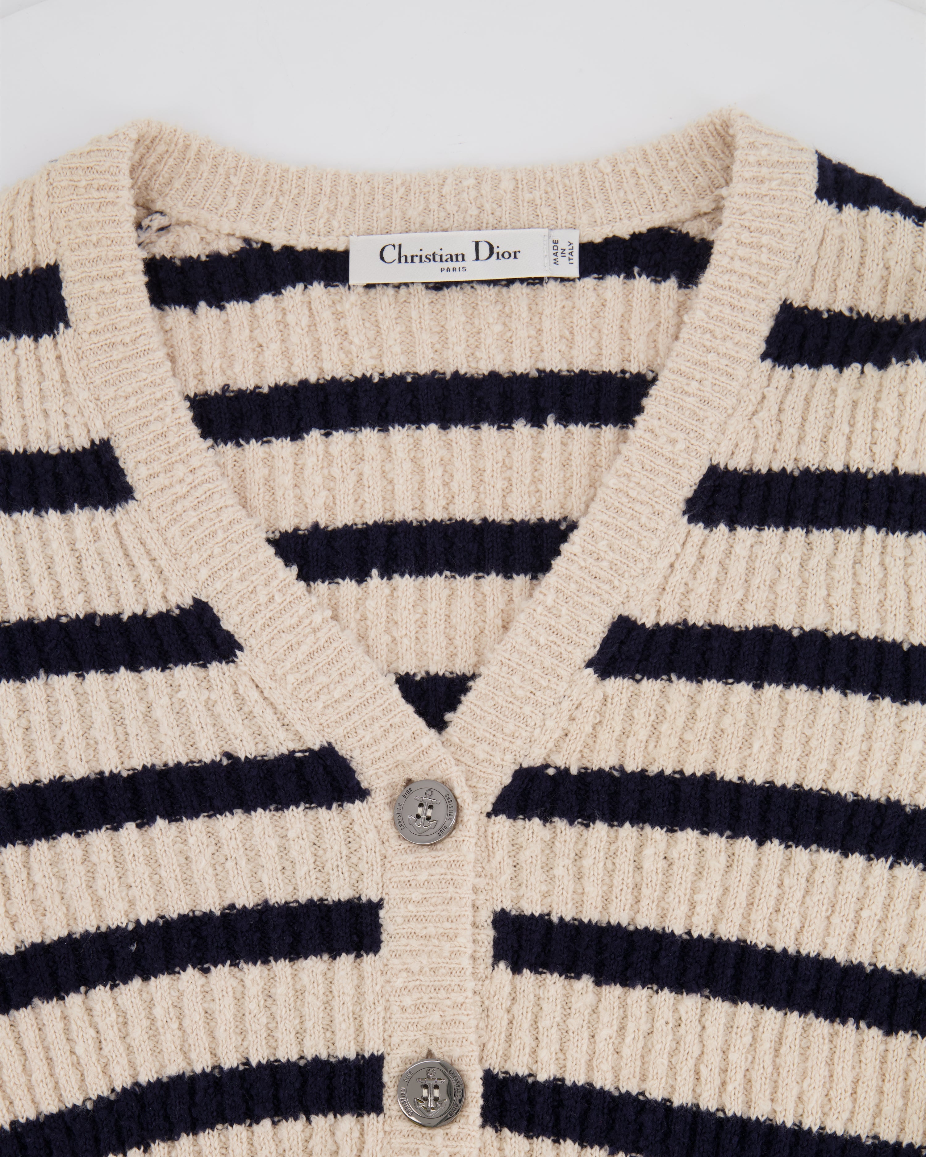 Christian Dior Cream and Navy Striped Knitted Cardigan and Top Set Size FR 36 (UK 8) RRP £2,100