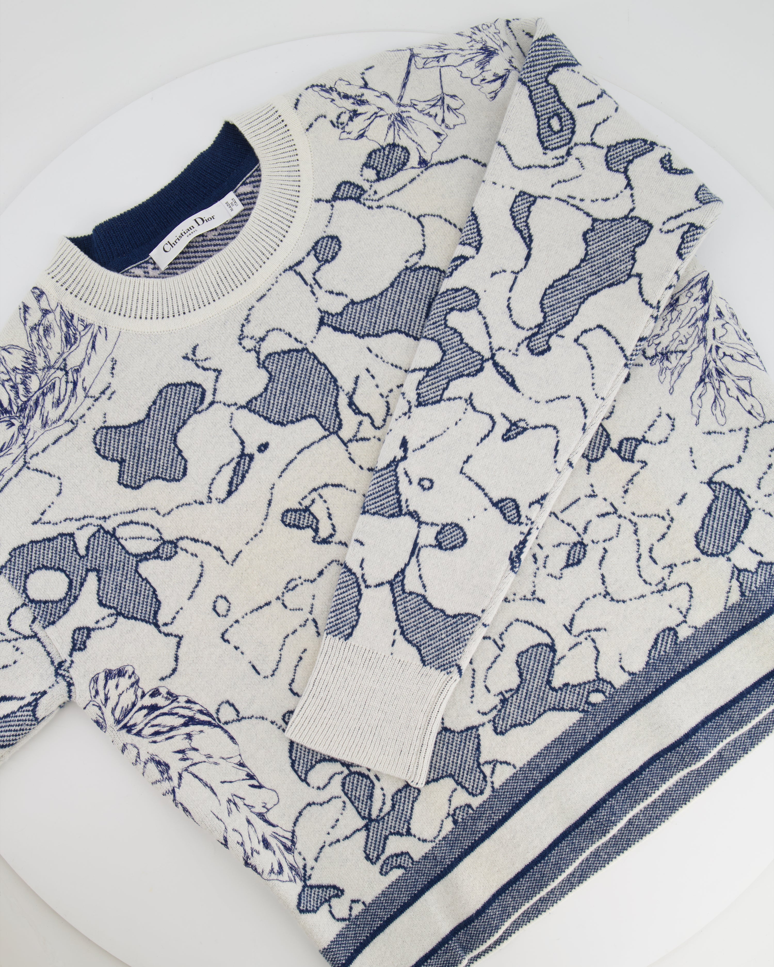 Christian Dior Blue and White Around the World Cashmere Jumper with Embroidery and Logo Band Size FR 36 (UK 8)