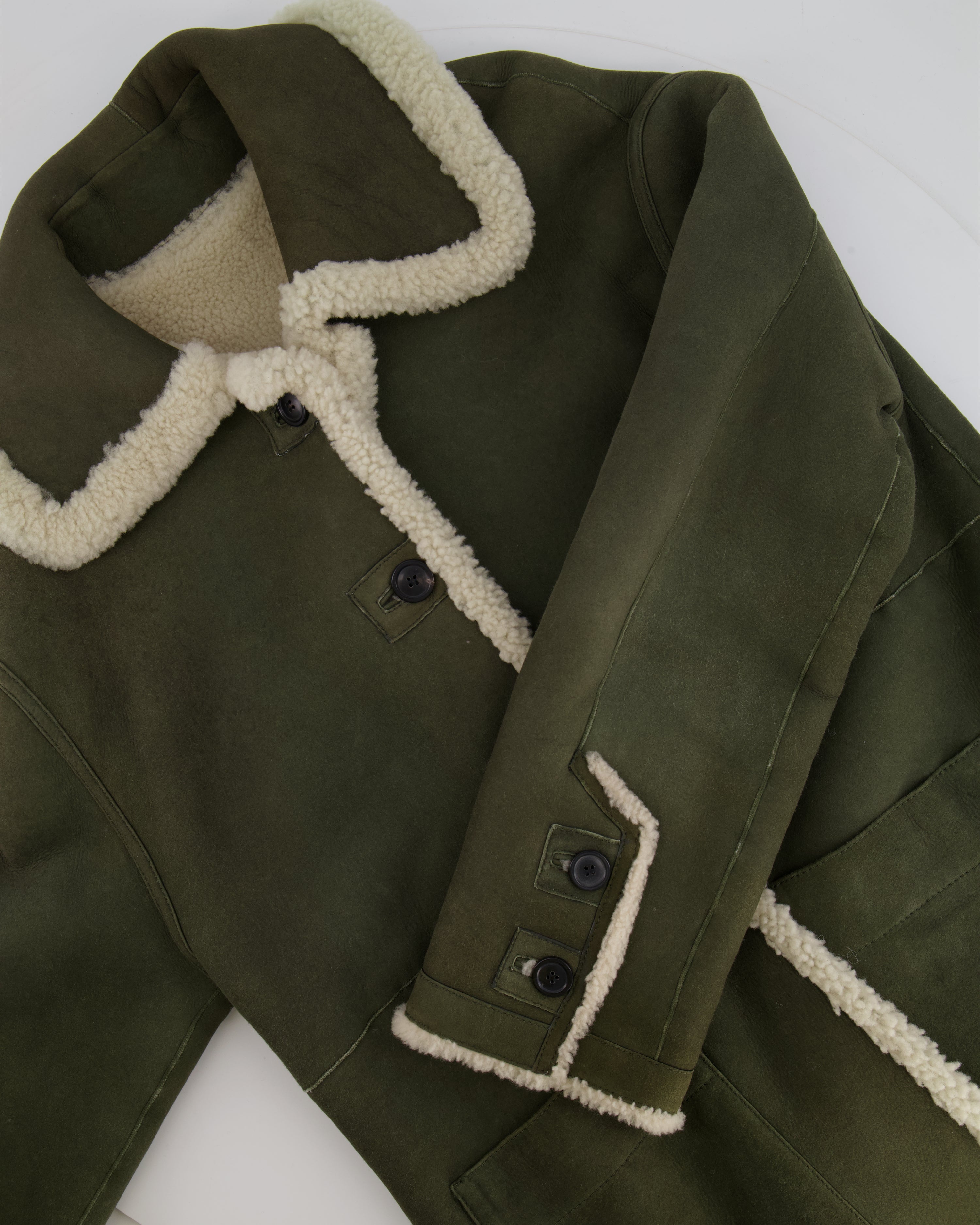 Christian Dior Khaki Shearling Coat with Embroidered Logo Size FR 36 (UK 8)