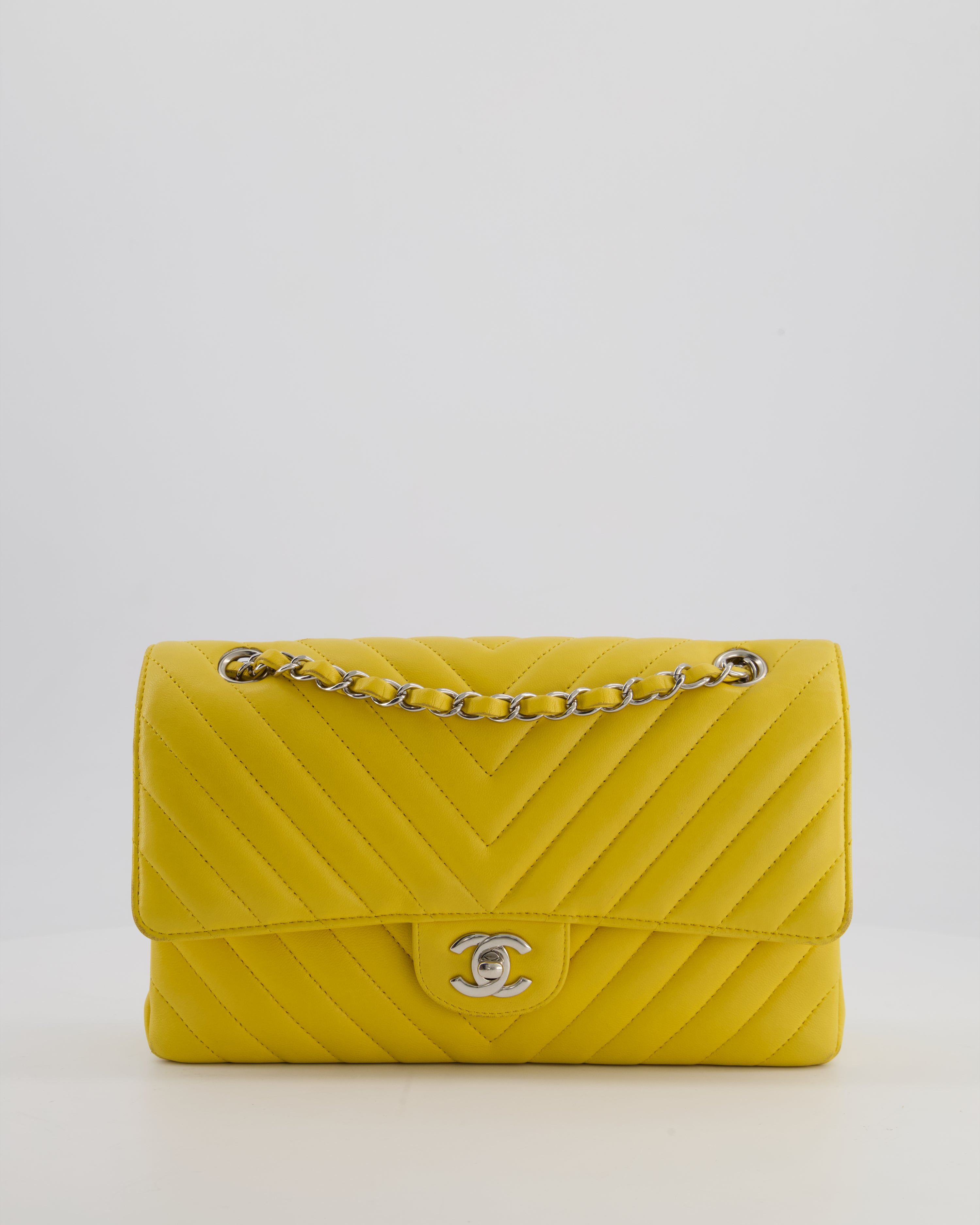 Chanel Yellow Chevron Medium Classic Double Flap Bag in Lambskin with Silver Hardware