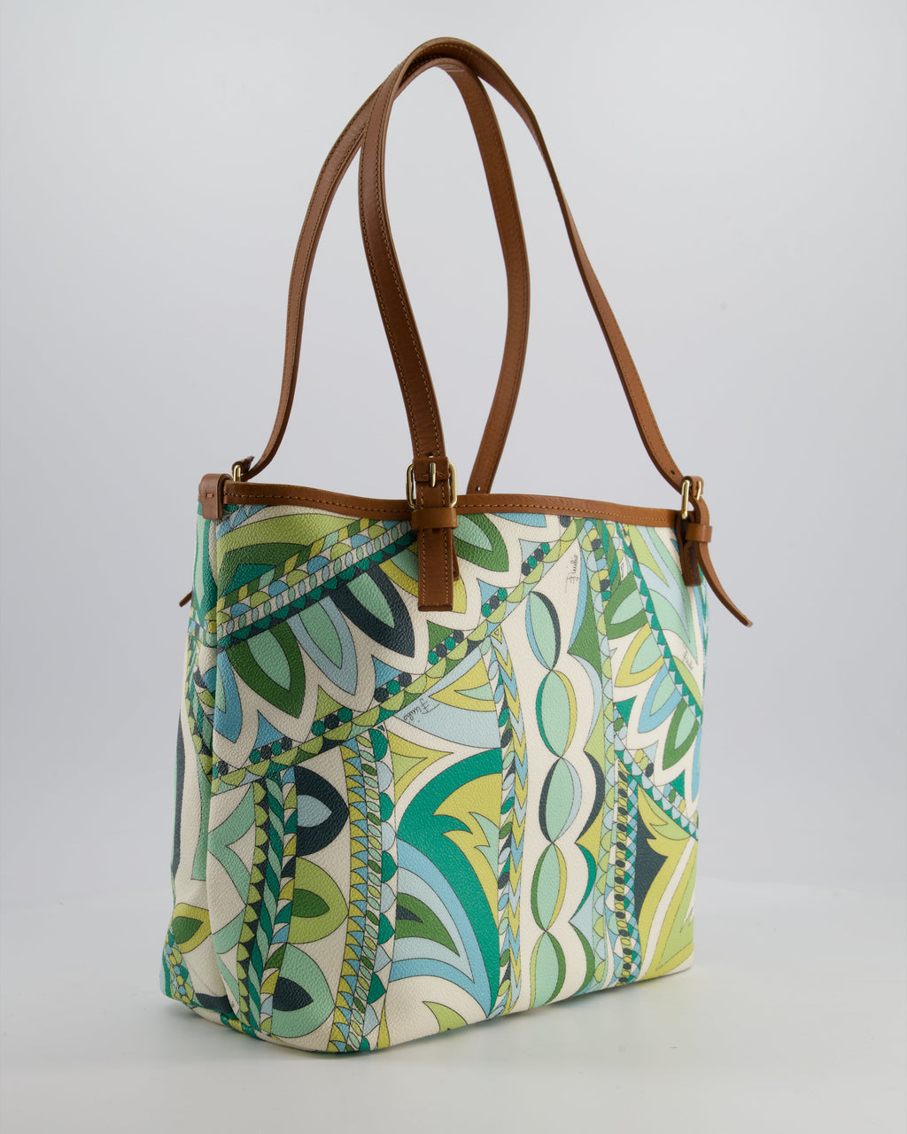 Emilio Pucci Green & White Coated Canvas & Brown Leather Small Tote Bag