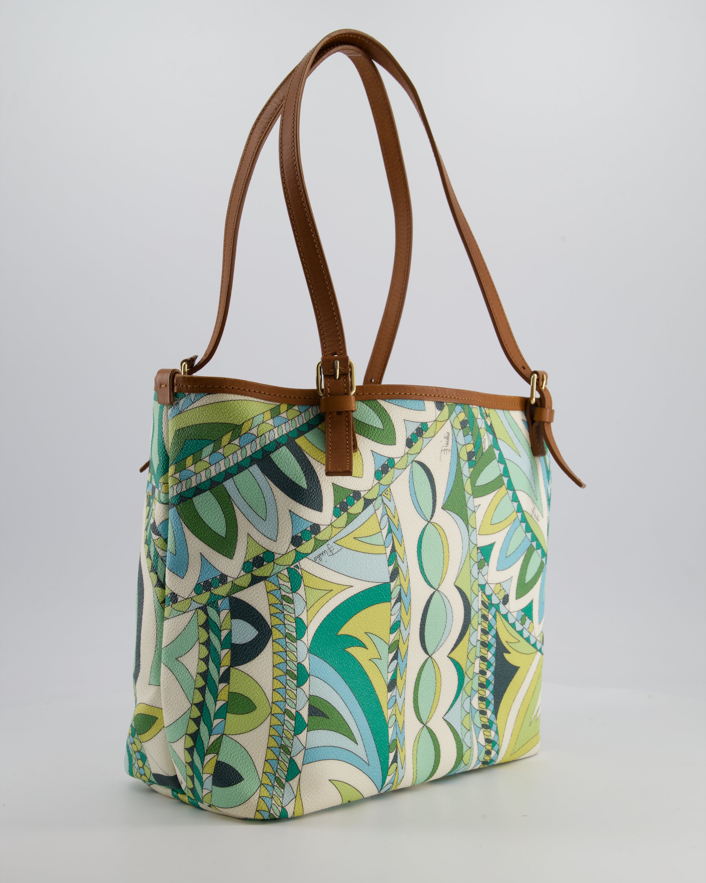 Emilio Pucci Green & White Coated Canvas & Brown Leather Small Tote Bag