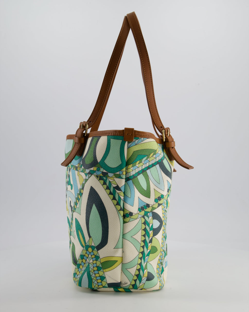 Emilio Pucci Green & White Coated Canvas & Brown Leather Small Tote Bag