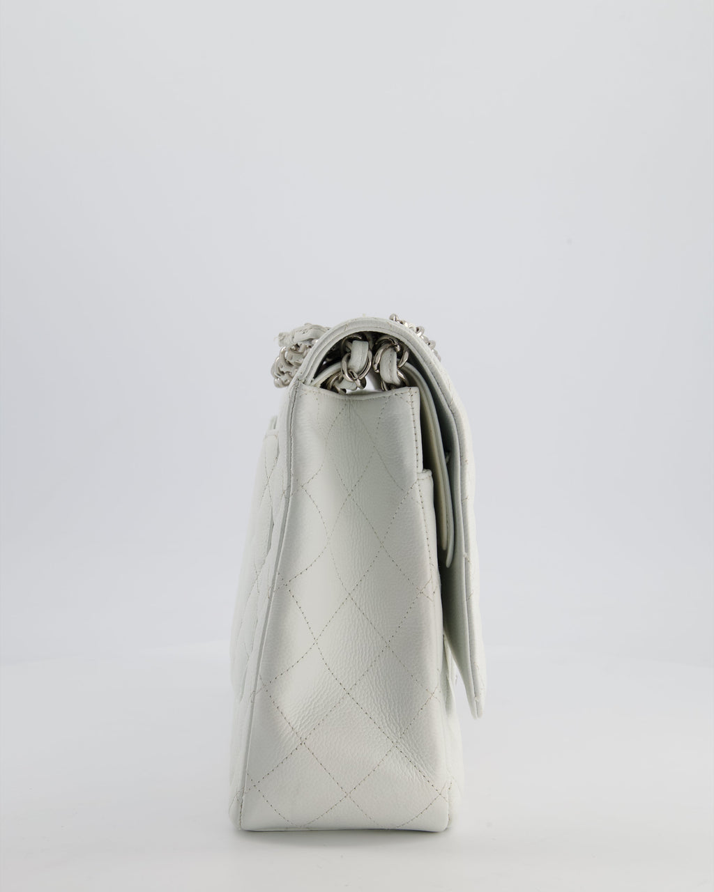 Chanel White Classic Maxi Double Flap Bag in Caviar Leather with Silver Hardware