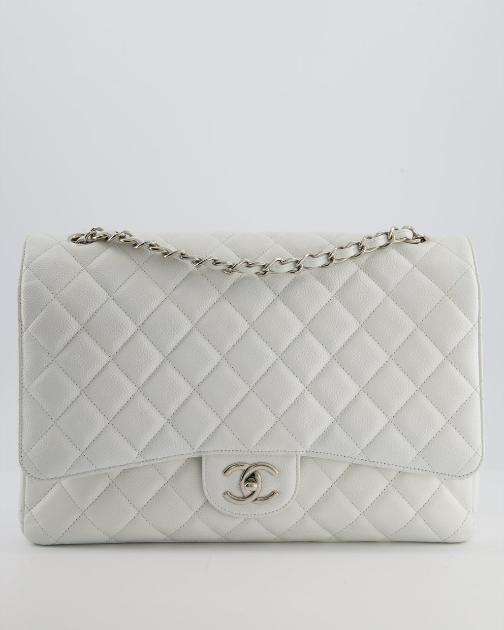 Chanel White Classic Maxi Double Flap Bag in Caviar Leather with Silver Hardware