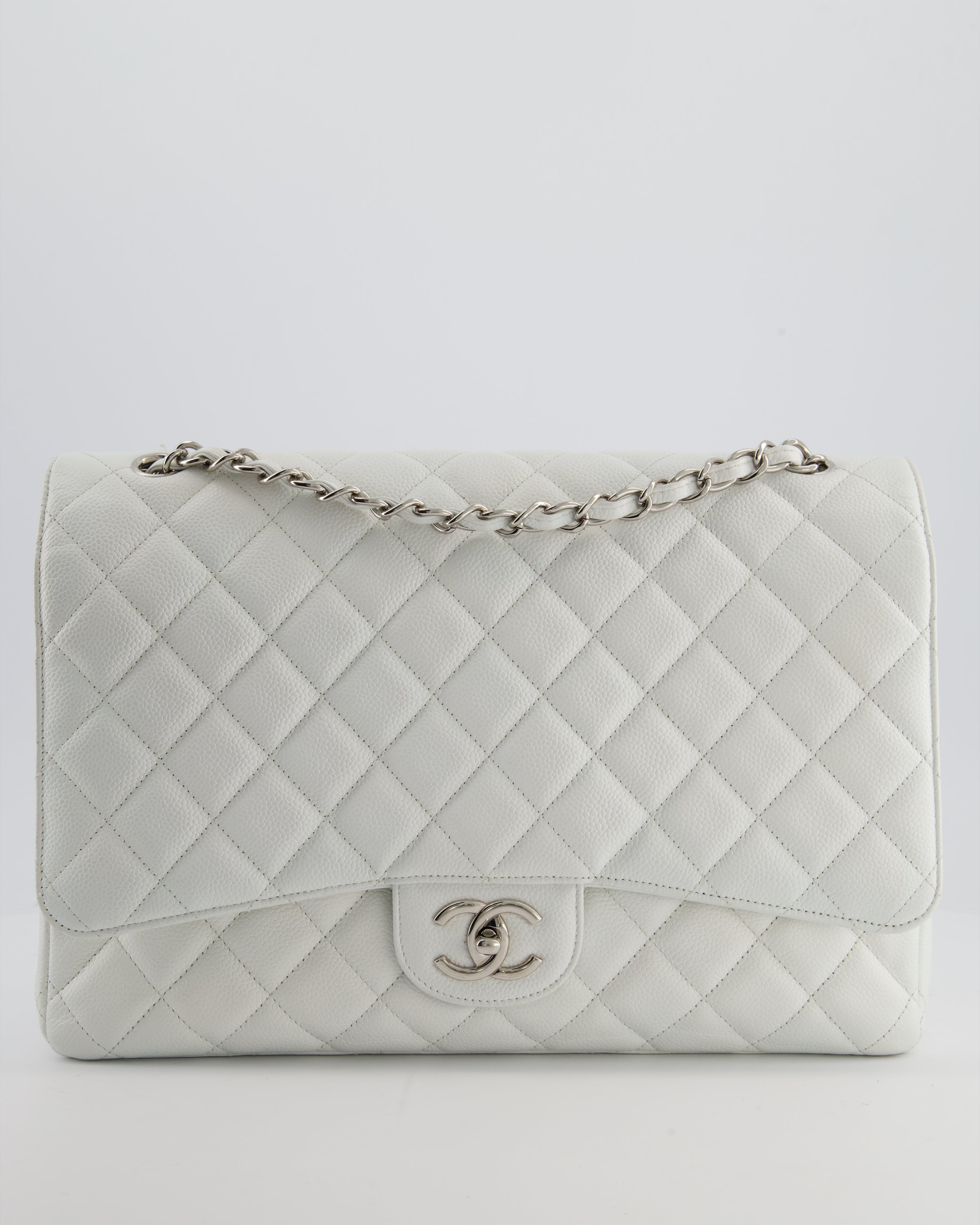 Chanel White Classic Maxi Double Flap Bag in Caviar Leather with Silver Hardware
