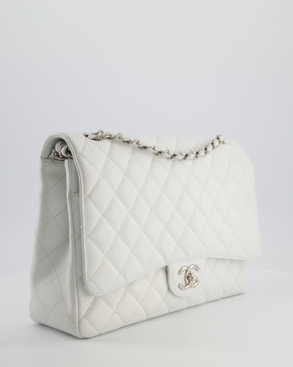 Chanel White Classic Maxi Double Flap Bag in Caviar Leather with Silver Hardware