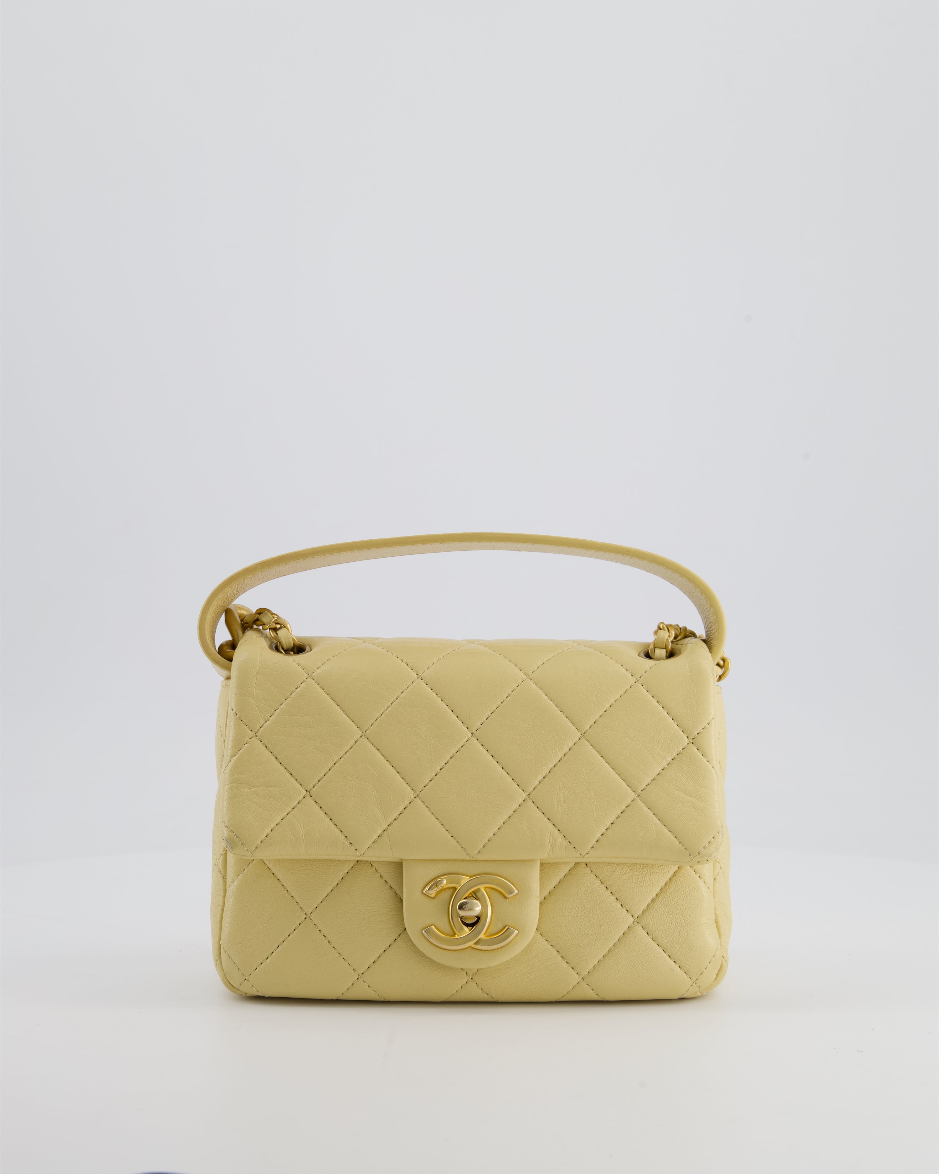 Chanel Mini Flap Bag in Pale Yellow Lambskin Leather with Chunky Chain and Gold Hardware