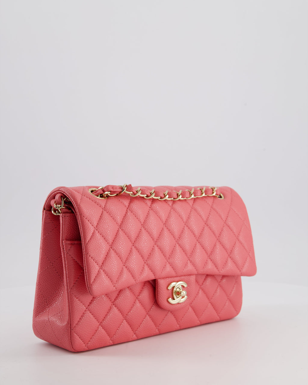 *HOT* Chanel Coral Pink Classic Medium Double Flap Bag in Caviar Leather with Champagne Gold Hardware