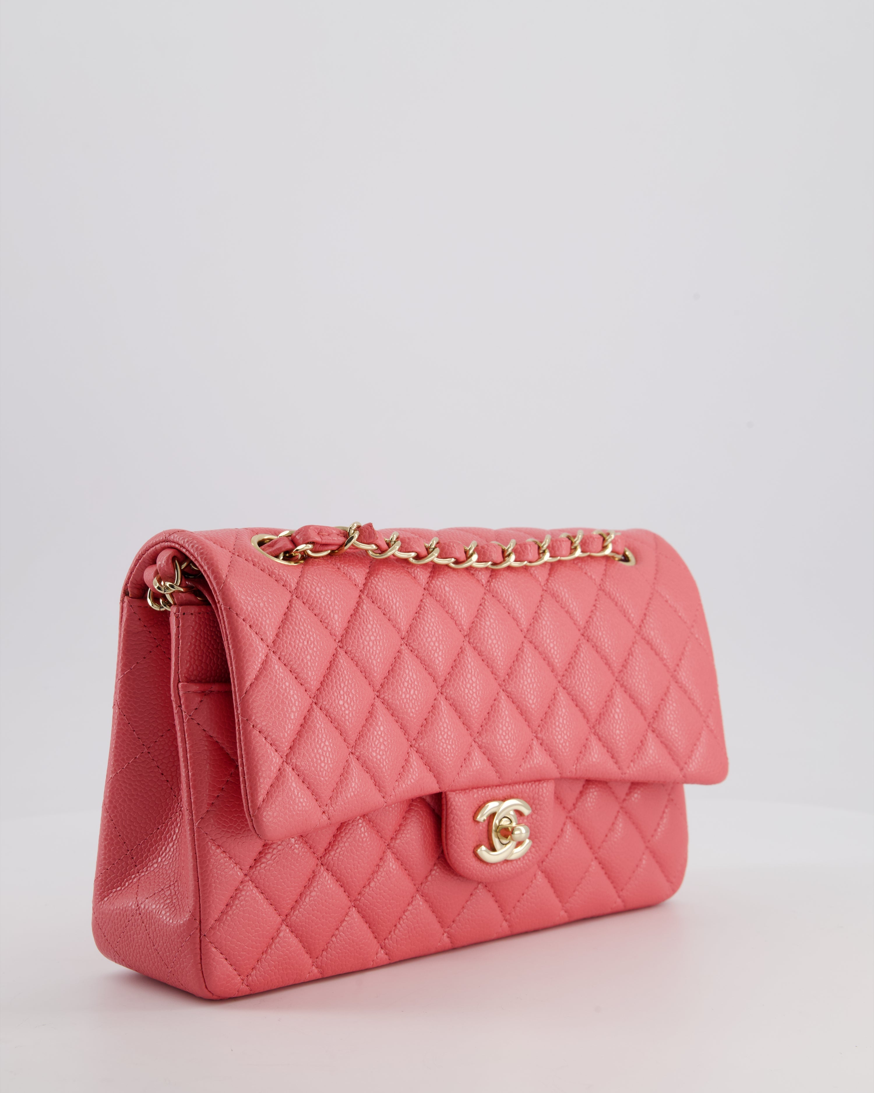 *HOT* Chanel Coral Pink Classic Medium Double Flap Bag in Caviar Leather with Champagne Gold Hardware