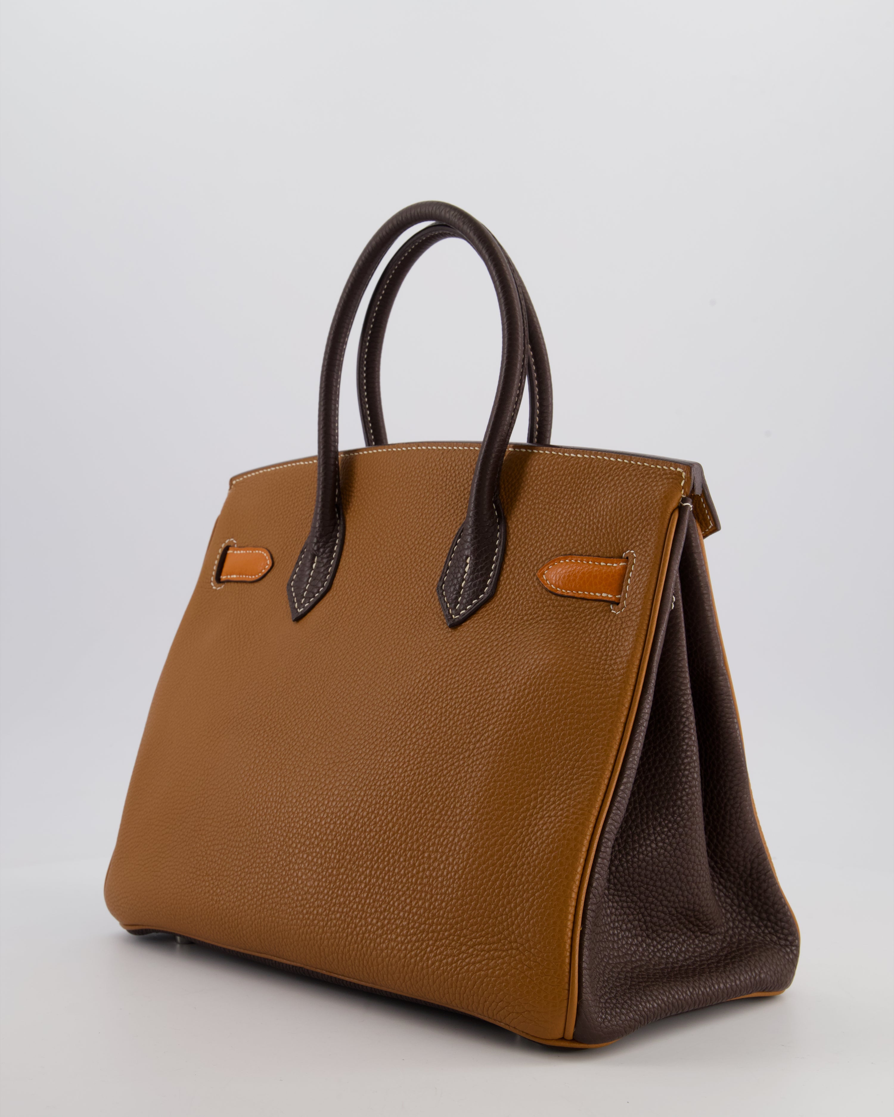 Hermès Birkin 30 Tricolour Retourne Bag in Gold, Chocolate and Orange Togo Leather with Palladium Hardware