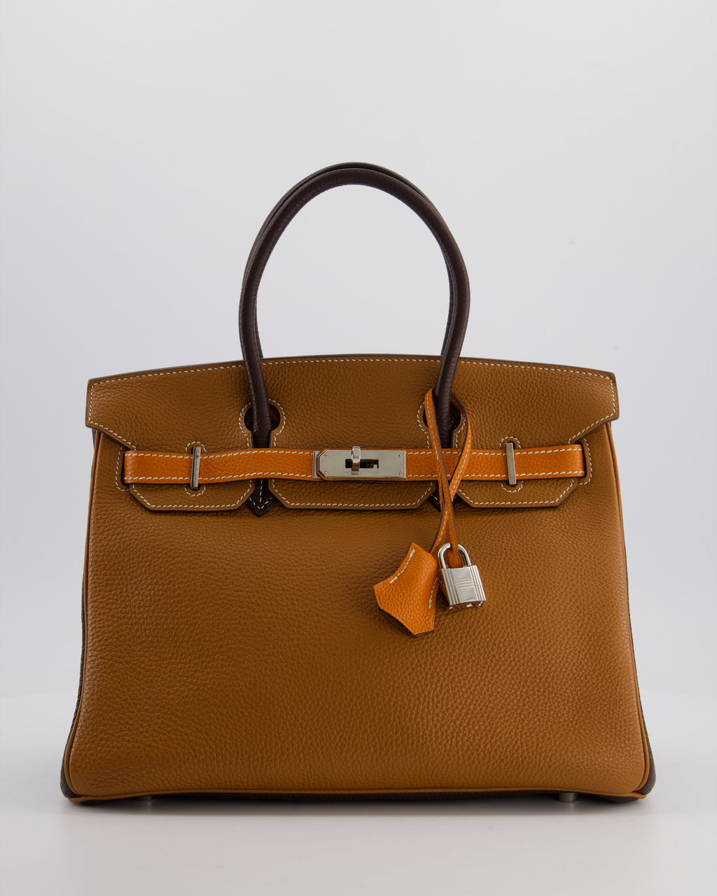 Hermès Birkin 30 Tricolour Retourne Bag in Gold, Chocolate and Orange Togo Leather with Palladium Hardware