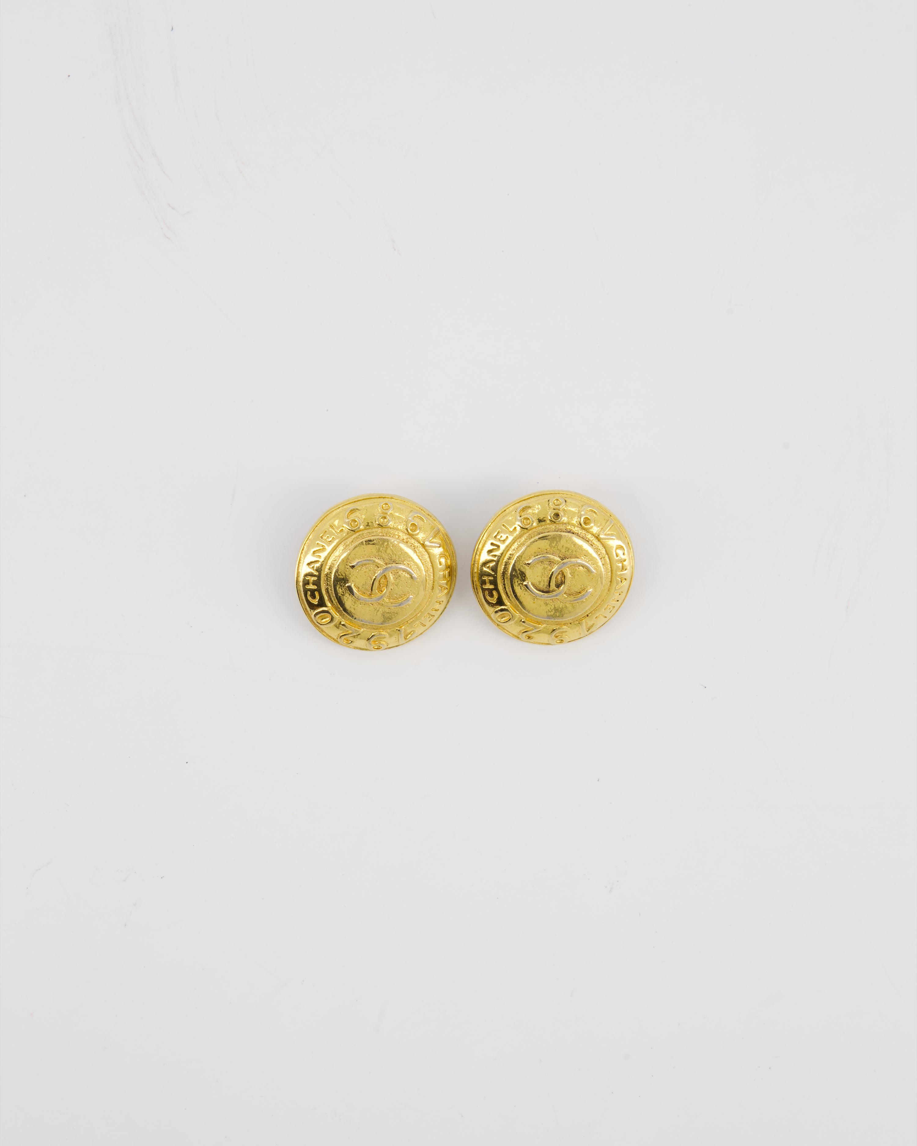 Chanel Vintage Gold Classic Round Clip-On Earrings with Gold CC Logo