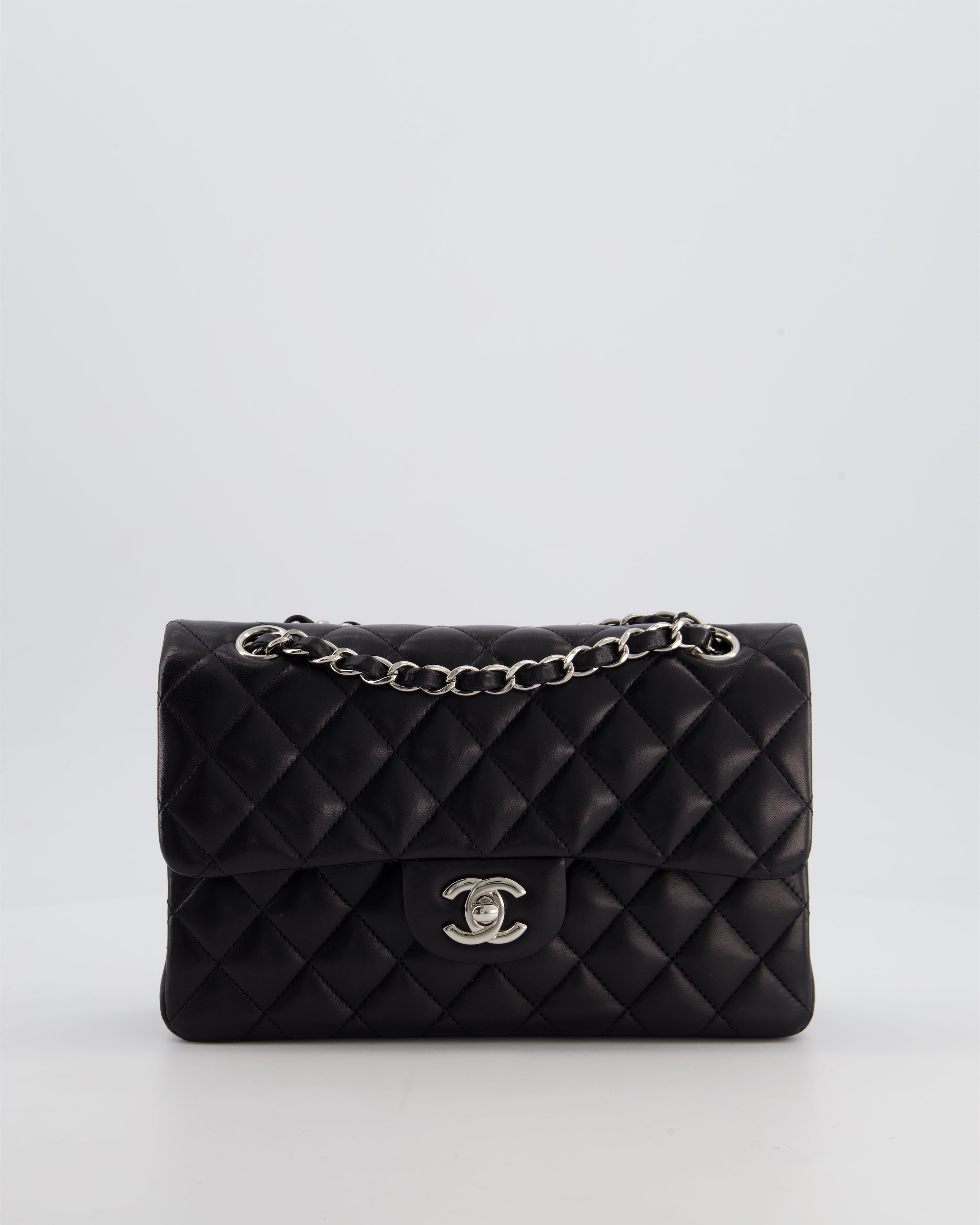 Chanel Black Small Classic Double Flap Bag in Lambskin Leather with Silver Hardware