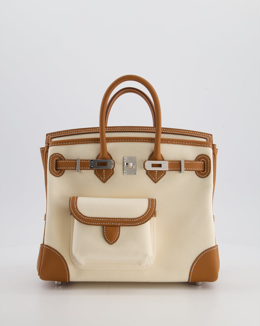 *SUPER HOT & RARE* Hermès Birkin 25 Cargo Bag in Ecru Toile Goeland and Gold Swift Leather with Palladium Hardware