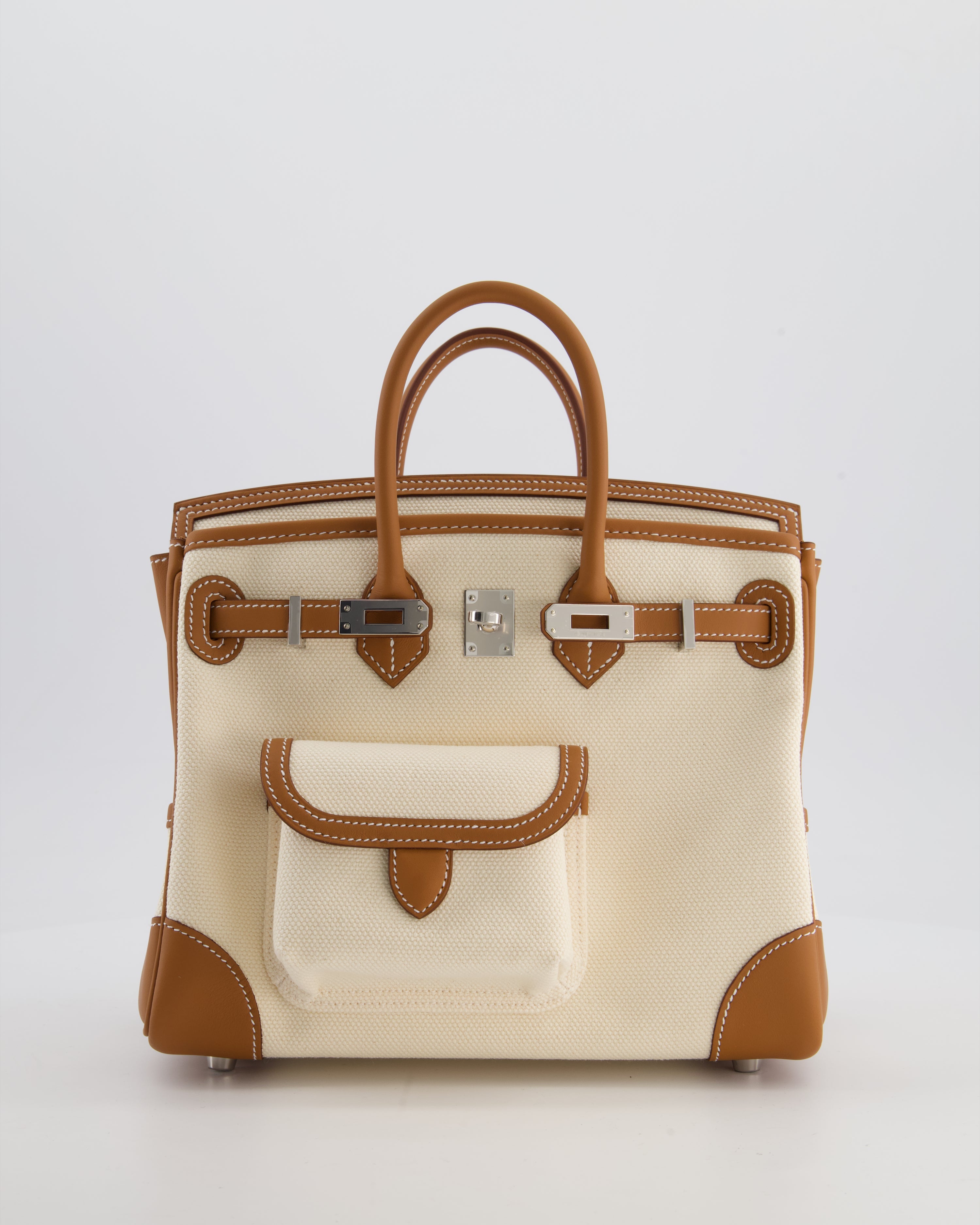 *SUPER HOT & RARE* Hermès Birkin 25 Cargo Bag in Ecru Toile Goeland and Gold Swift Leather with Palladium Hardware