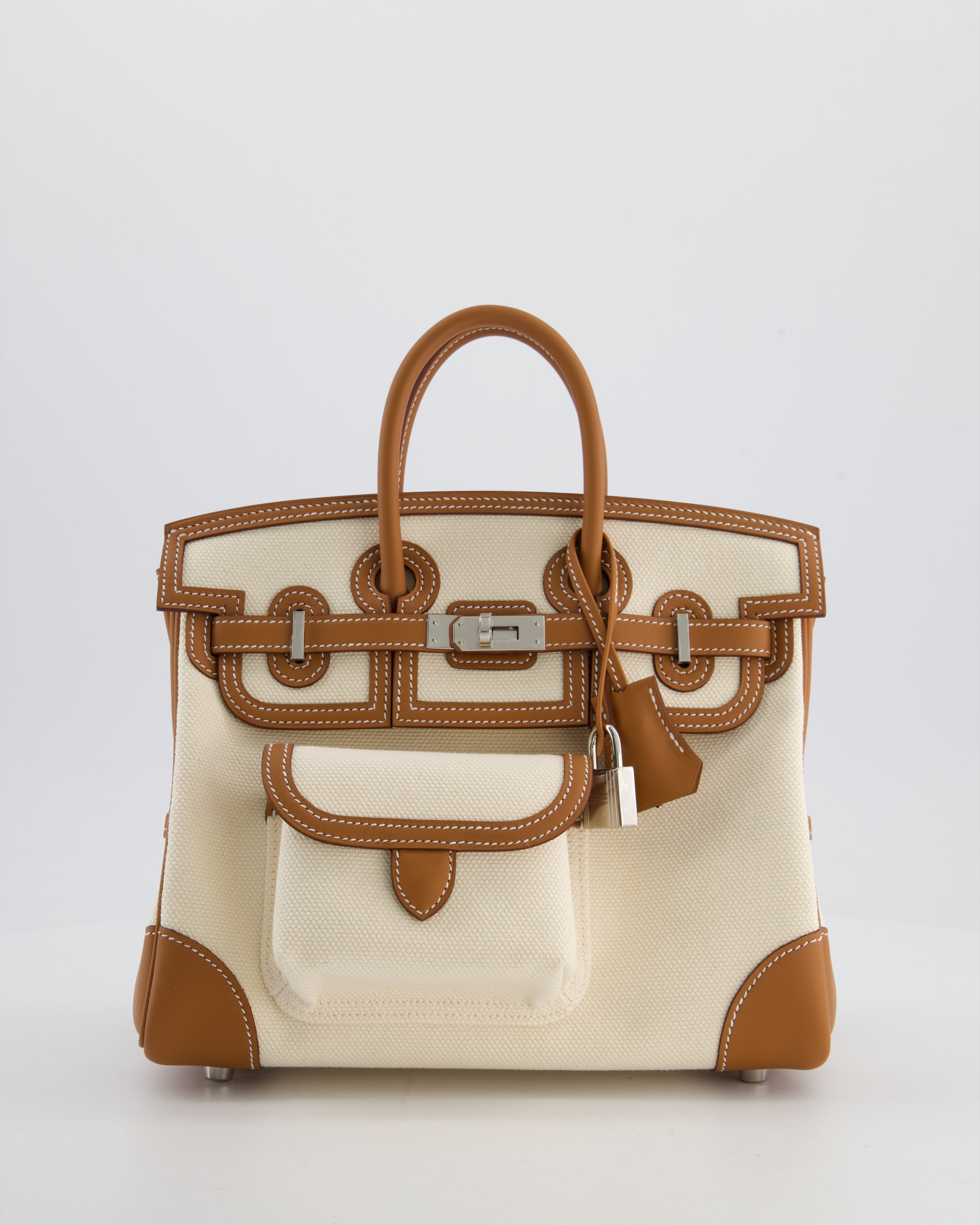 *SUPER HOT & RARE* Hermès Birkin 25 Cargo Bag in Ecru Toile Goeland and Gold Swift Leather with Palladium Hardware