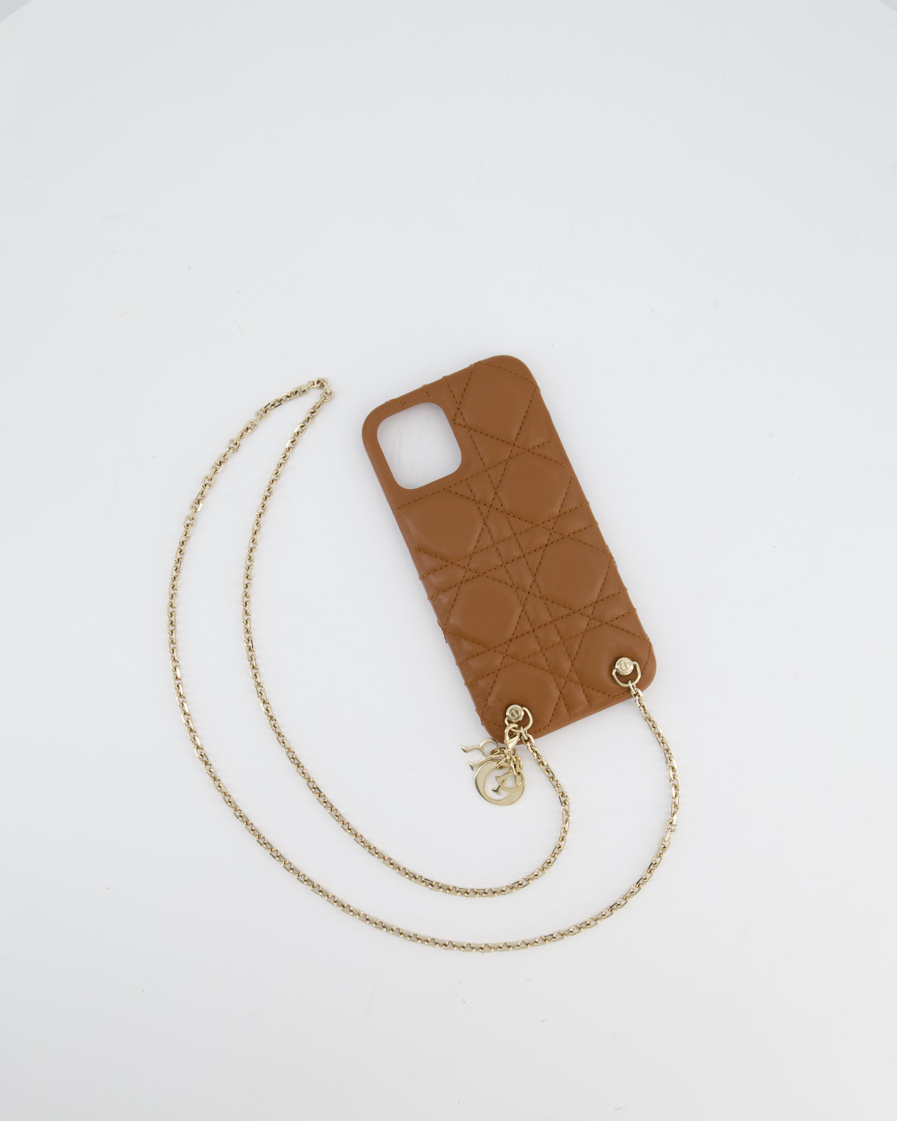 Christian Dior Brown Cannage Quilted iPhone Case with Champagne Gold Chain and Logo Charm Detail