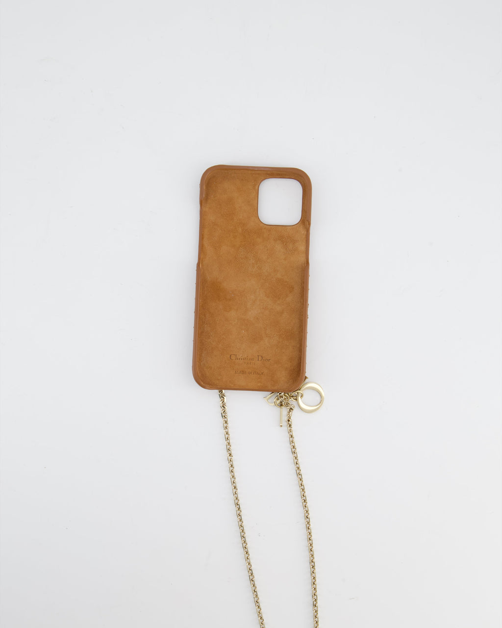 Christian Dior Brown Cannage Quilted iPhone Case with Champagne Gold Chain and Logo Charm Detail