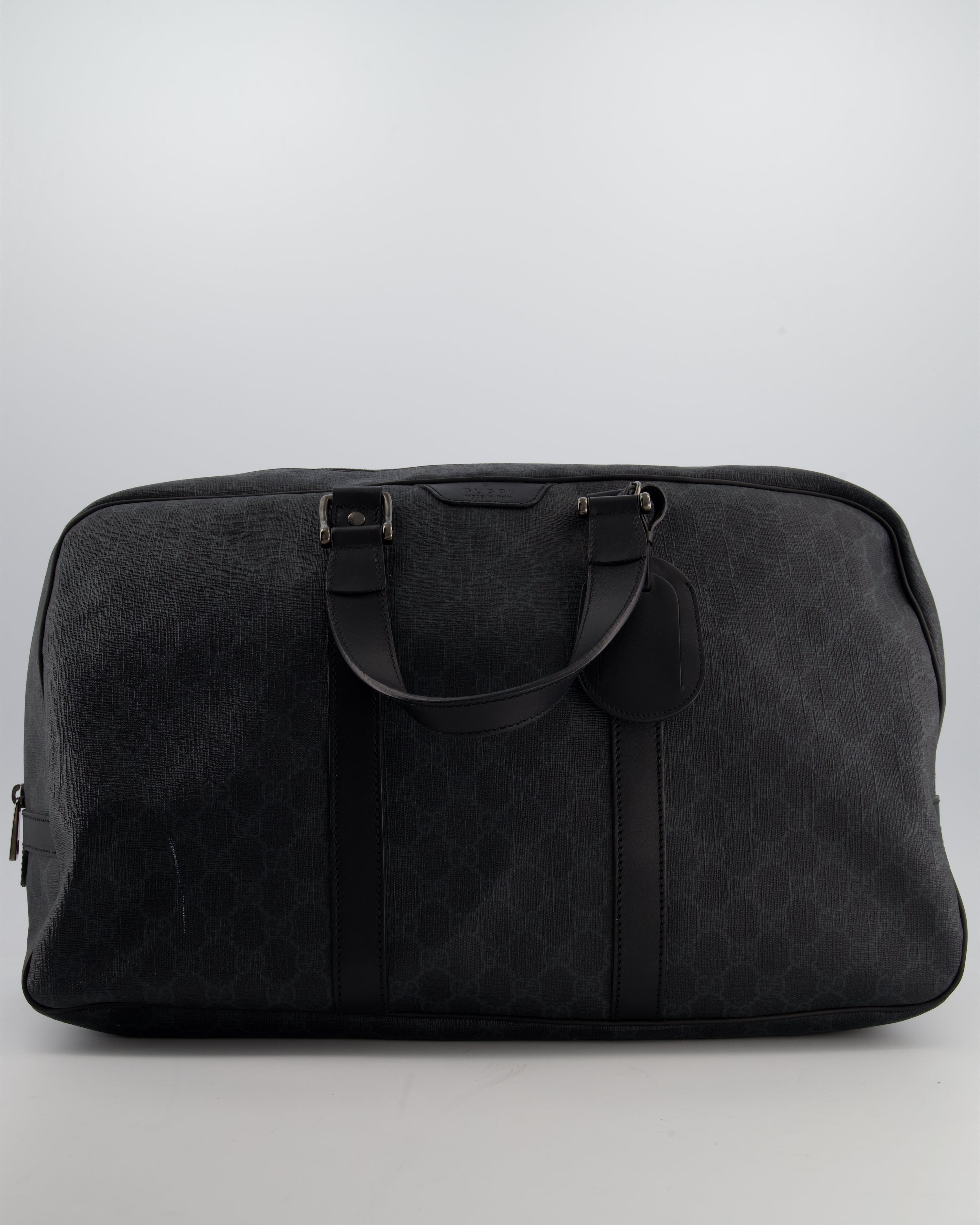 Gucci Black GG Carry On Duffle Bag in Supreme Coated Canvas with Leather Handles Detail