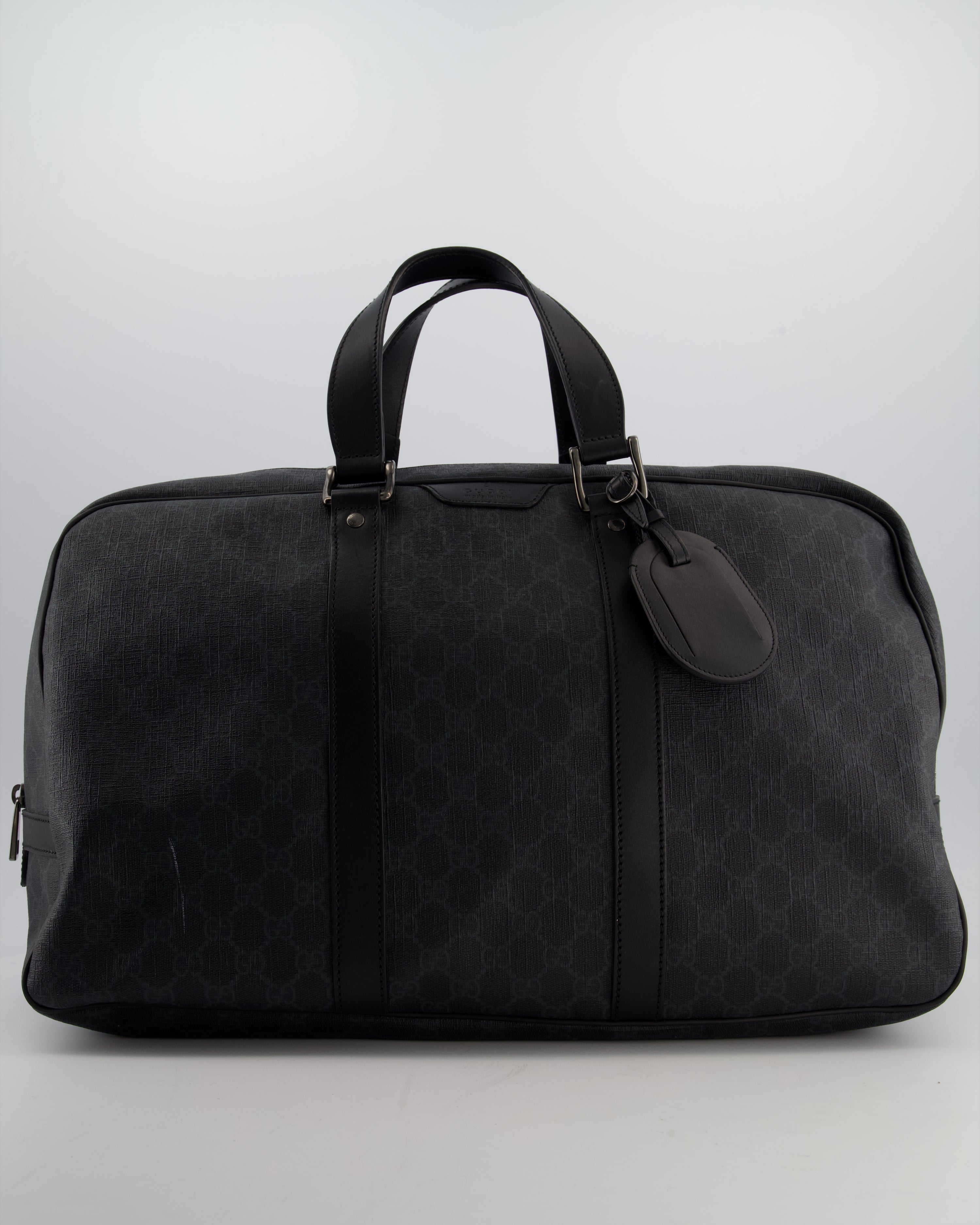 Gucci Black GG Carry On Duffle Bag in Supreme Coated Canvas with Leather Handles Detail