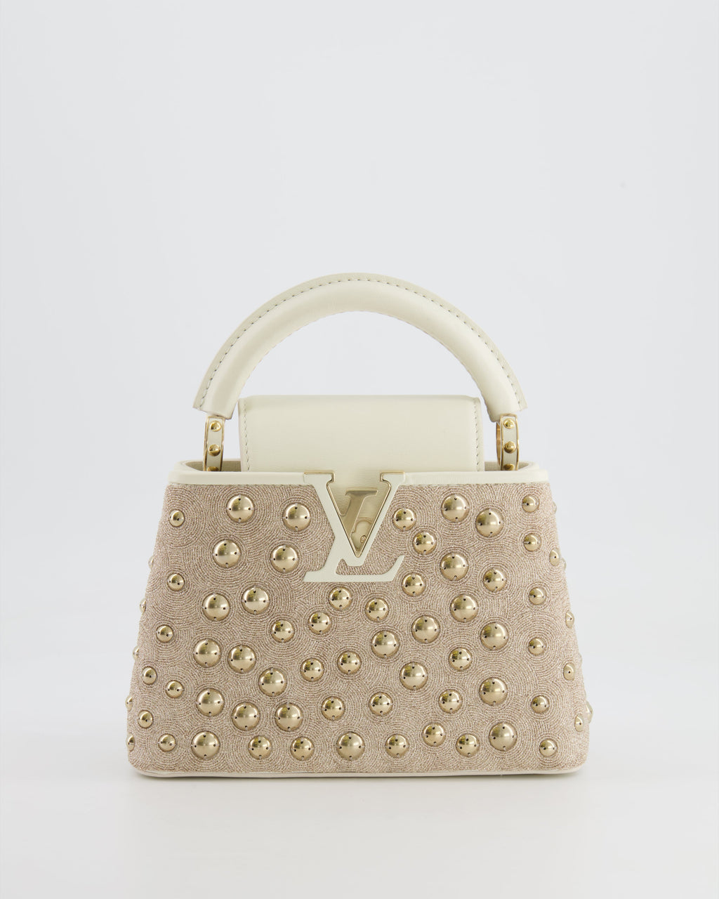 Louis Vuitton Capucines Satin Mini Bag in White Cowhide Leather with Gold Metallic Embroidery and Gold Studs Detail