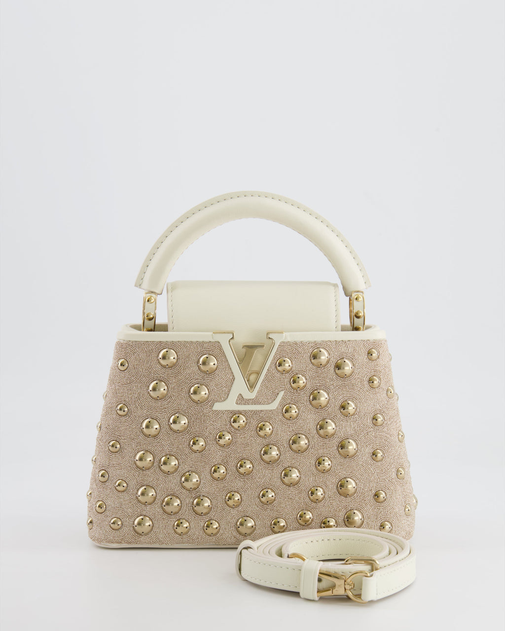 Louis Vuitton Capucines Satin Mini Bag in White Cowhide Leather with Gold Metallic Embroidery and Gold Studs Detail