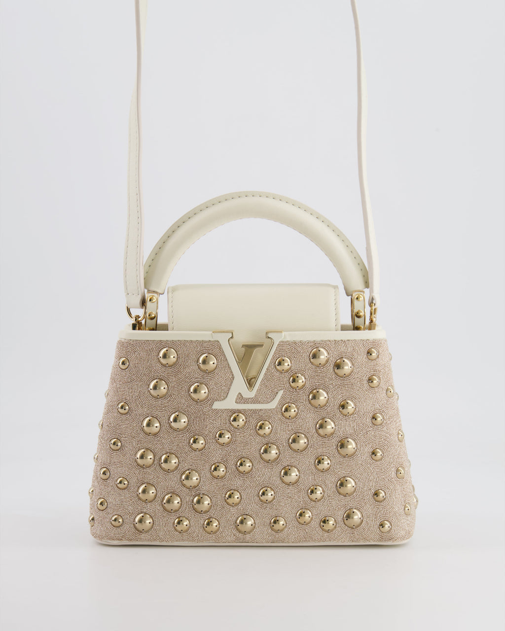 Louis Vuitton Capucines Satin Mini Bag in White Cowhide Leather with Gold Metallic Embroidery and Gold Studs Detail
