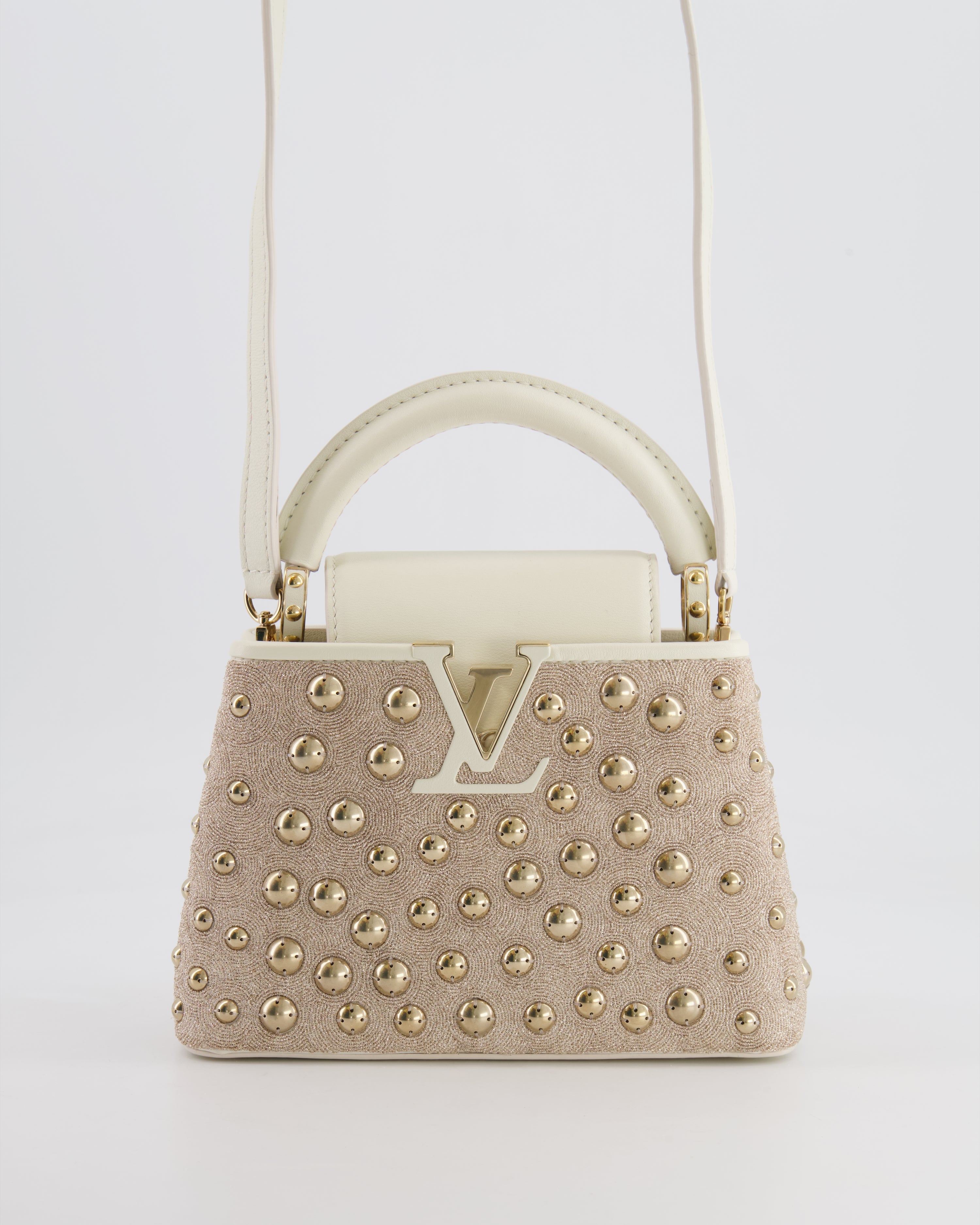 Louis Vuitton Capucines Satin Mini Bag in White Cowhide Leather with Gold Metallic Embroidery and Gold Studs Detail