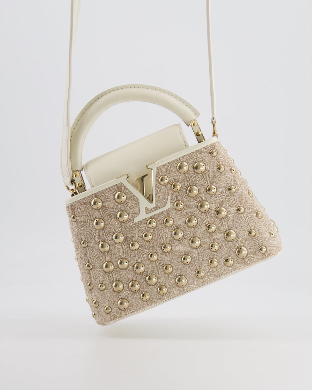 Louis Vuitton Capucines Satin Mini Bag in White Cowhide Leather with Gold Metallic Embroidery and Gold Studs Detail