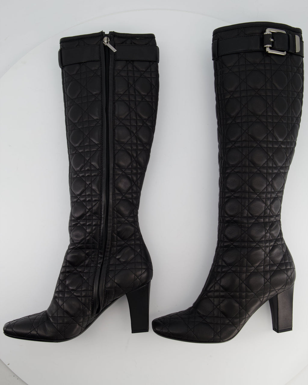 Christian Dior Cannage Black Leather Knee Boots with Buckle Detail Size 37