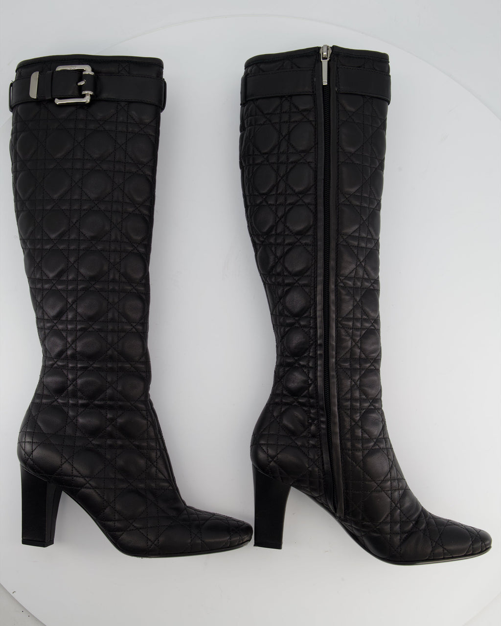 Christian Dior Cannage Black Leather Knee Boots with Buckle Detail Size 37